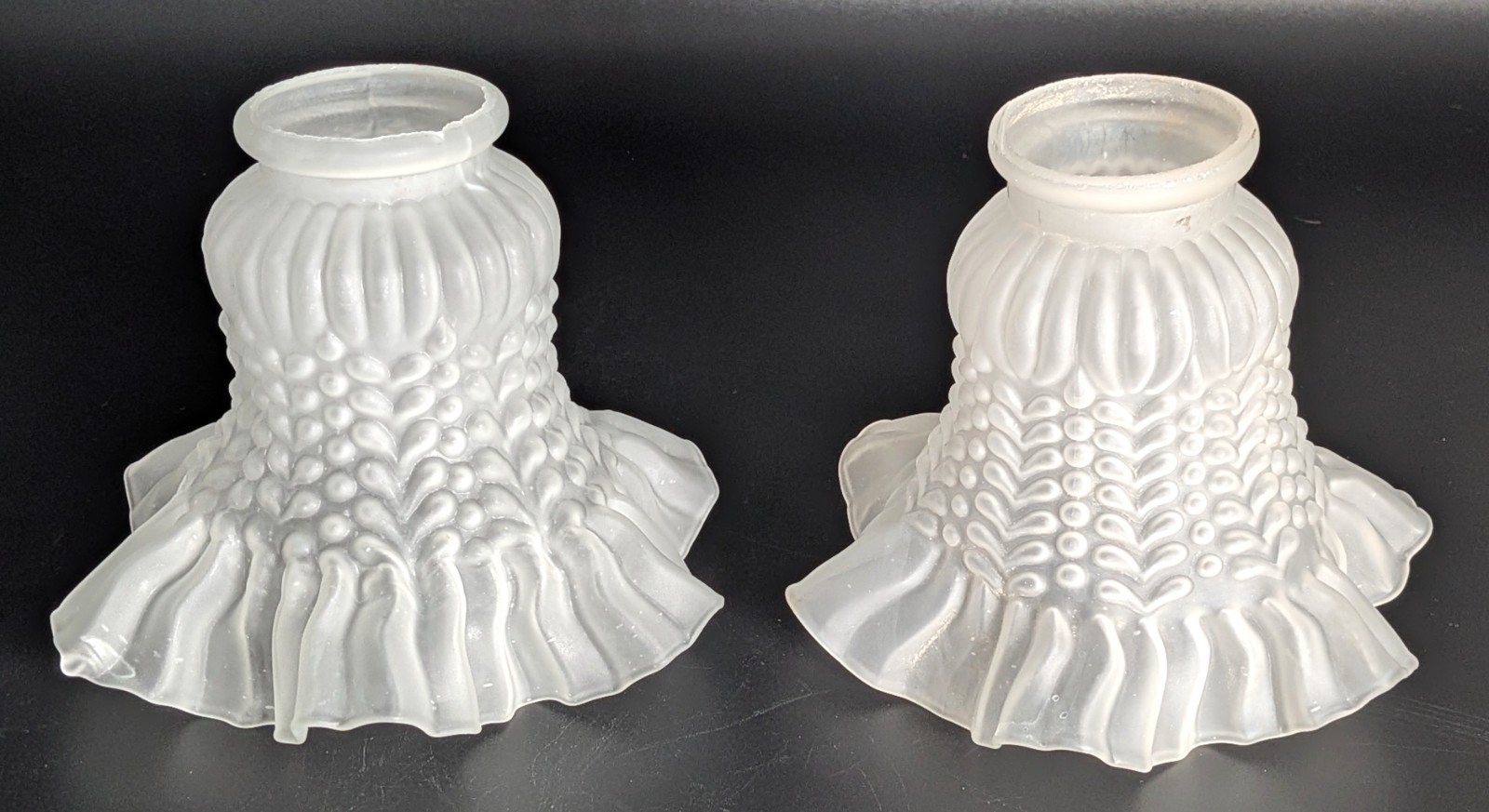 Pair Vintage Thin-Wall Frosted White Ruffle Petticoat Glass Shades 2-1/4” Fitter
