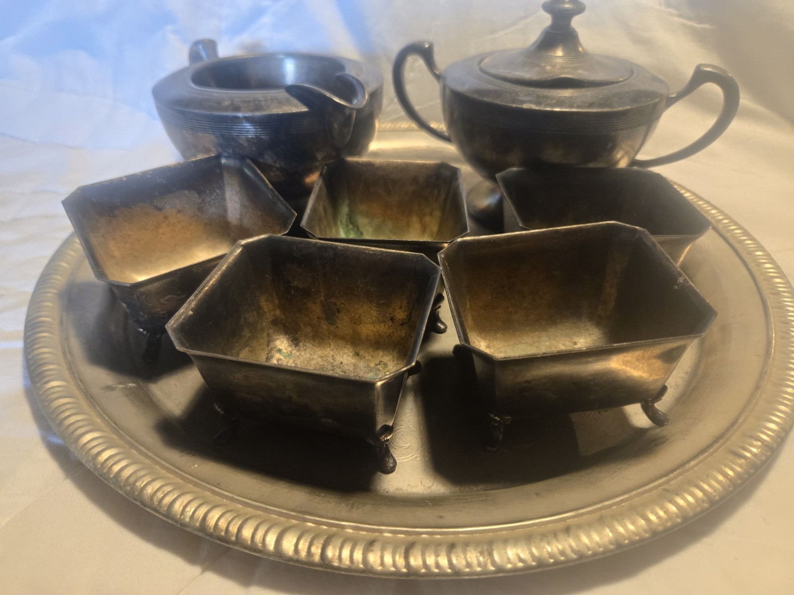 Antique Silverplate Creamer, Sugar Bowl, and Salt Cellars Set 1900-1940