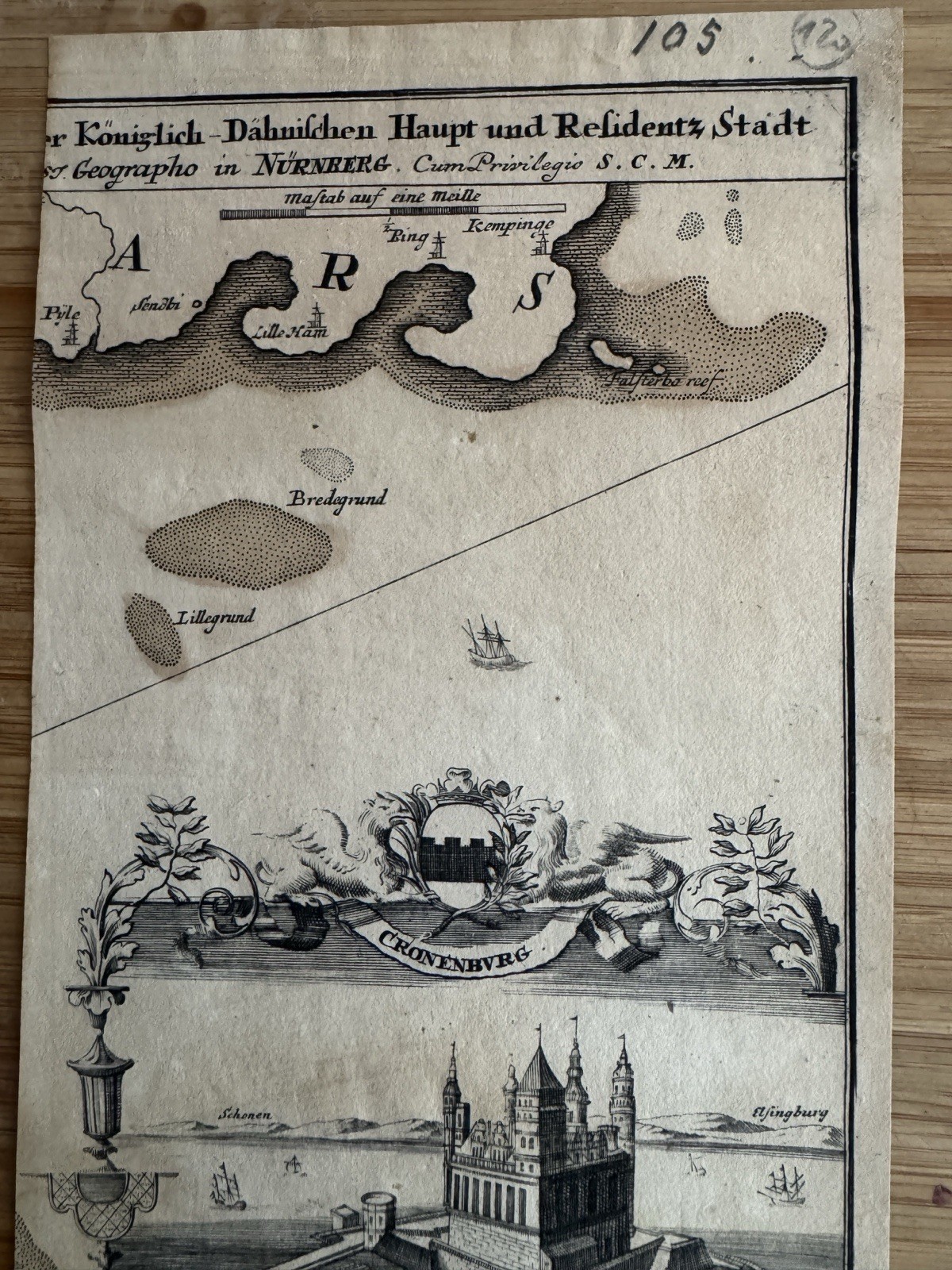 18thC Denmark Map 1706 Kronborg Castle Hamlet Elsinore Homann Copper Engraving