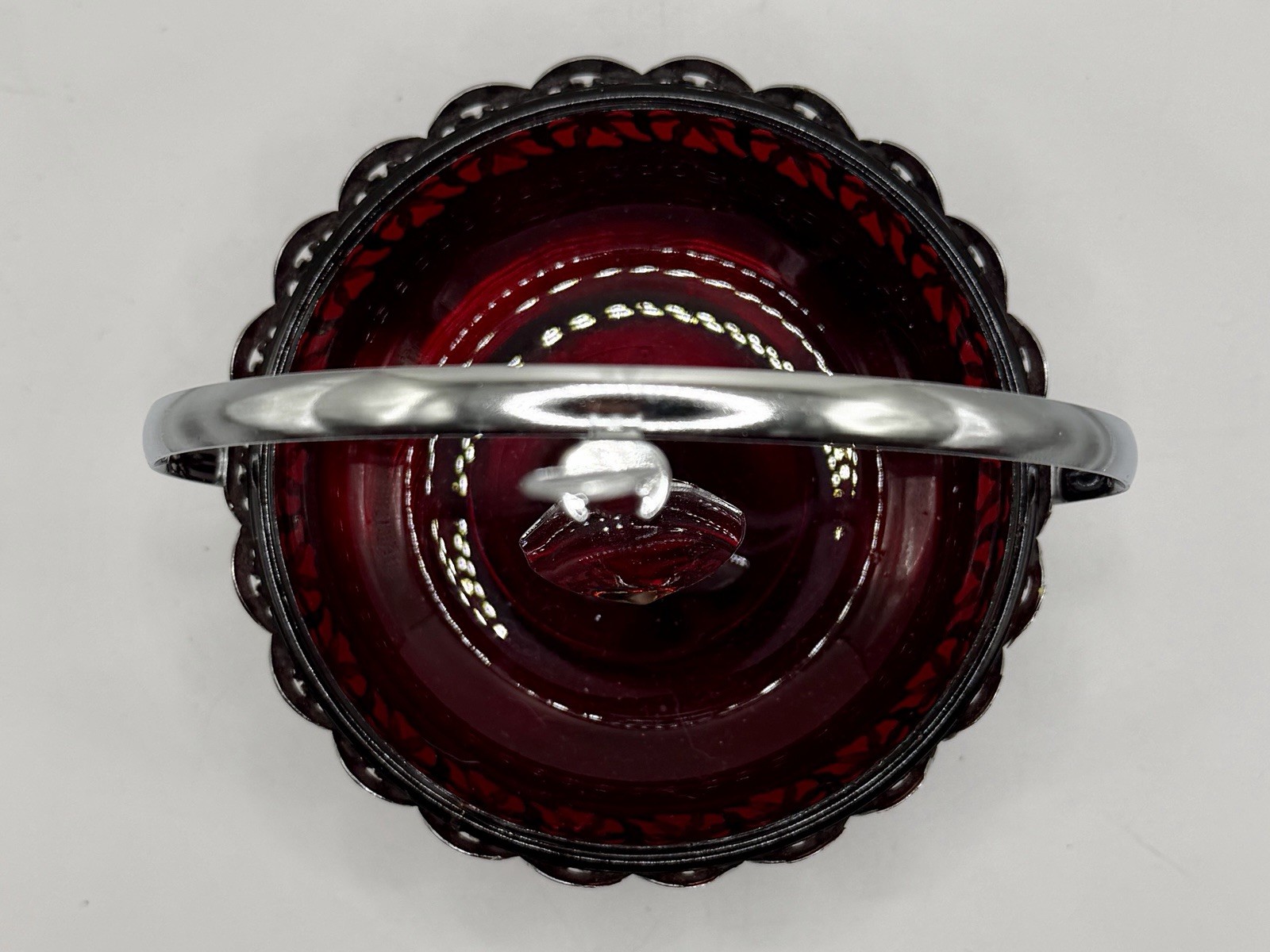 Ruby Glass Jam Sugar Bowl Filigree Basket Floating Spoon Silver Plated England