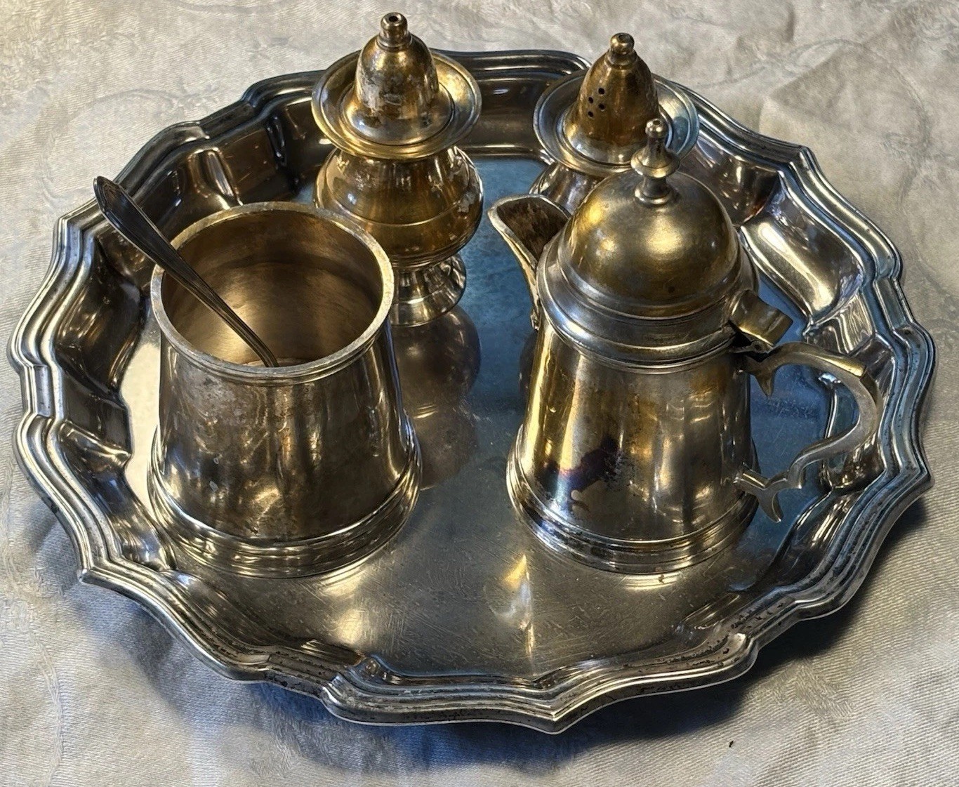 Sterling Silver Plated Creamer, Sugar & Salt/Pepper Shakers On Silver Plater