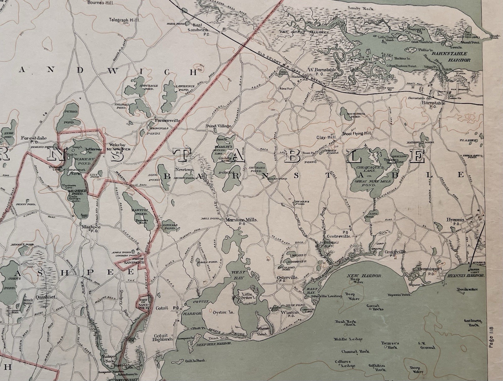 1891 Original Cape Cod Map,Falmouth,Mashpee,Sandwich,Barnstable,Mass,MA,Bay,Old
