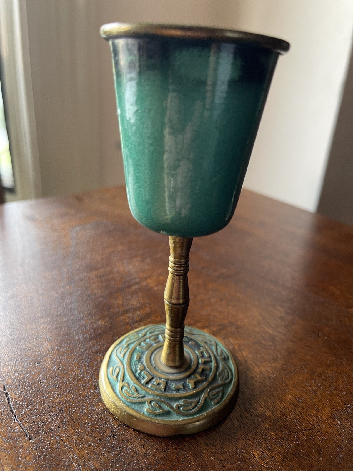 Two Israel Hakuli Hand Painted Goblet Sabra Bright Blue Green 5” Tall