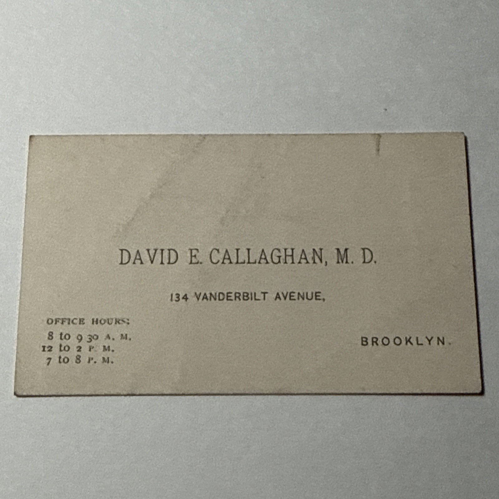 1920s David Callaghan MD Brooklyn NY Vanderbilt Ave Vtg Business Card