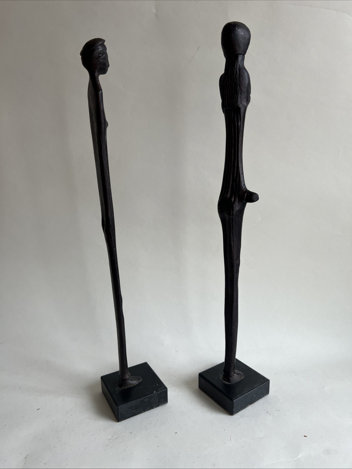Two Large Bronze Etruscan MCM Giacometti-style Standing Greek Kore Sculptures