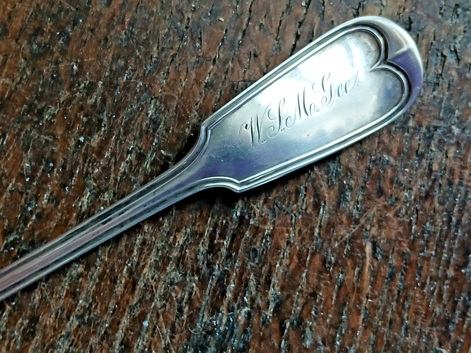 Antique Sterling Coin UNKNOWN Fiddle & Thread Mustard Ladle Spoon RARE “McGee”