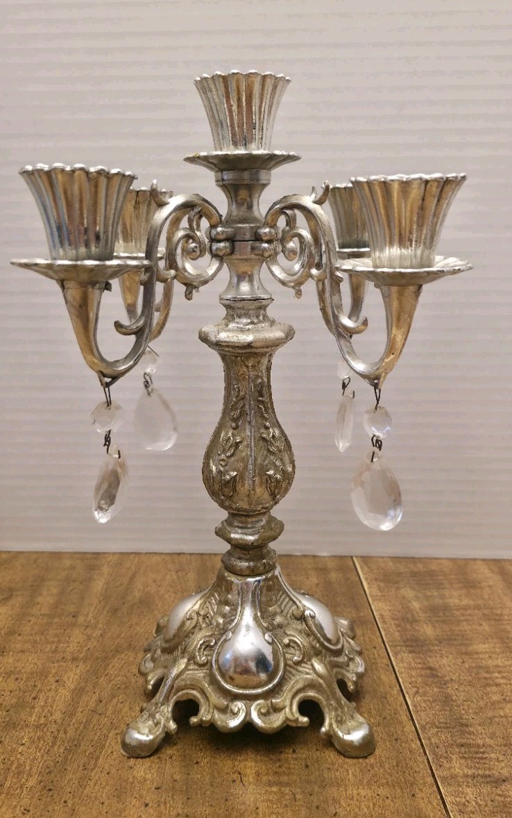 Candelabra 5 Candle Silver Gold Tone Crystals Victorian Mantel Ornate VINTAGE