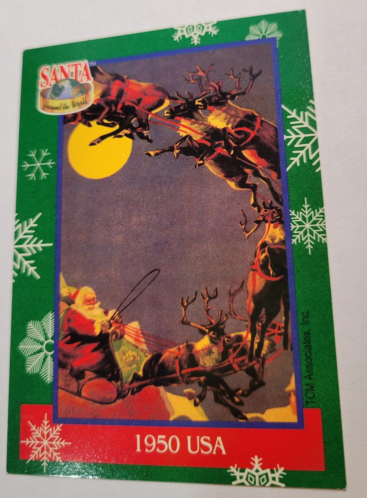 1995 TCM #14 Santa Around the World: Santa & Snowflakes 1950 USA Christmas Card