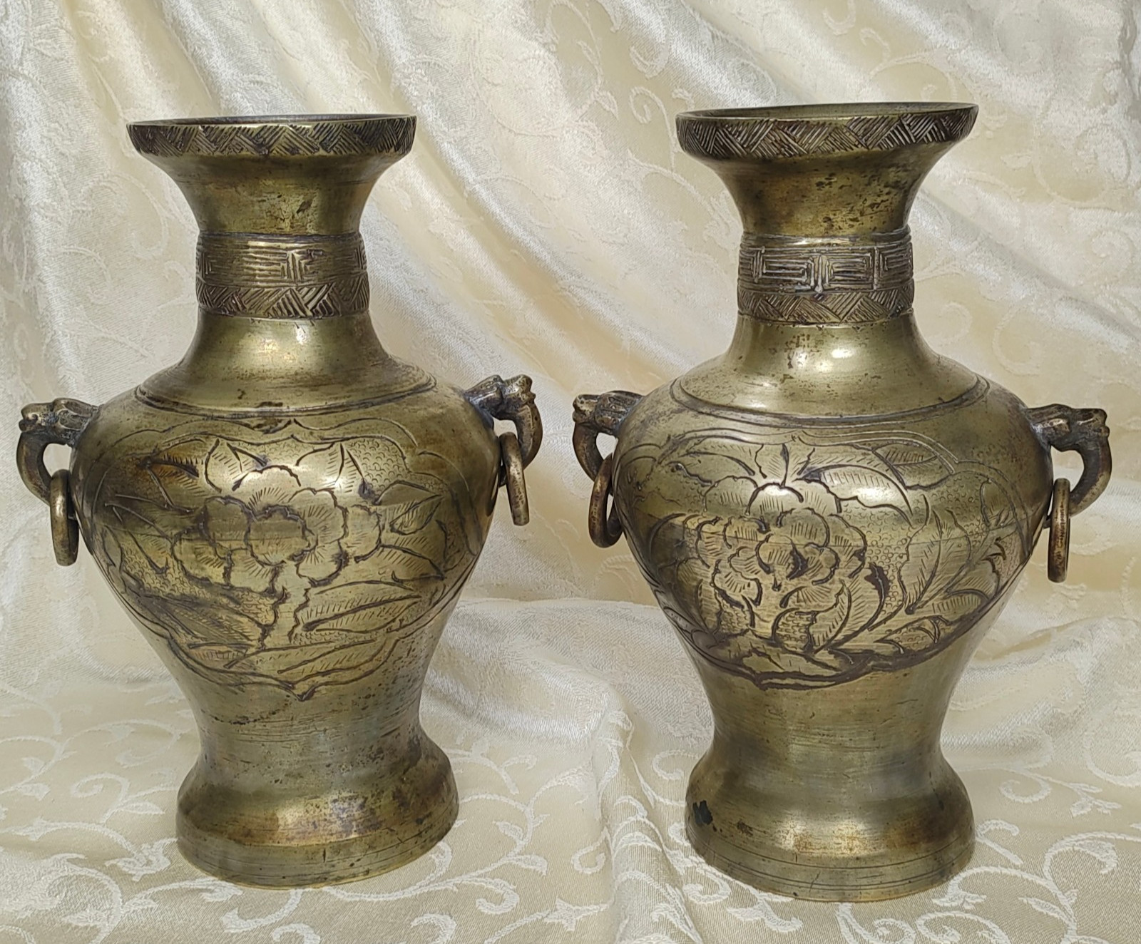 Pair of Antique Brass Vases 8-1/4″ – Etched Floral, Dragon-head Handles w/Rings