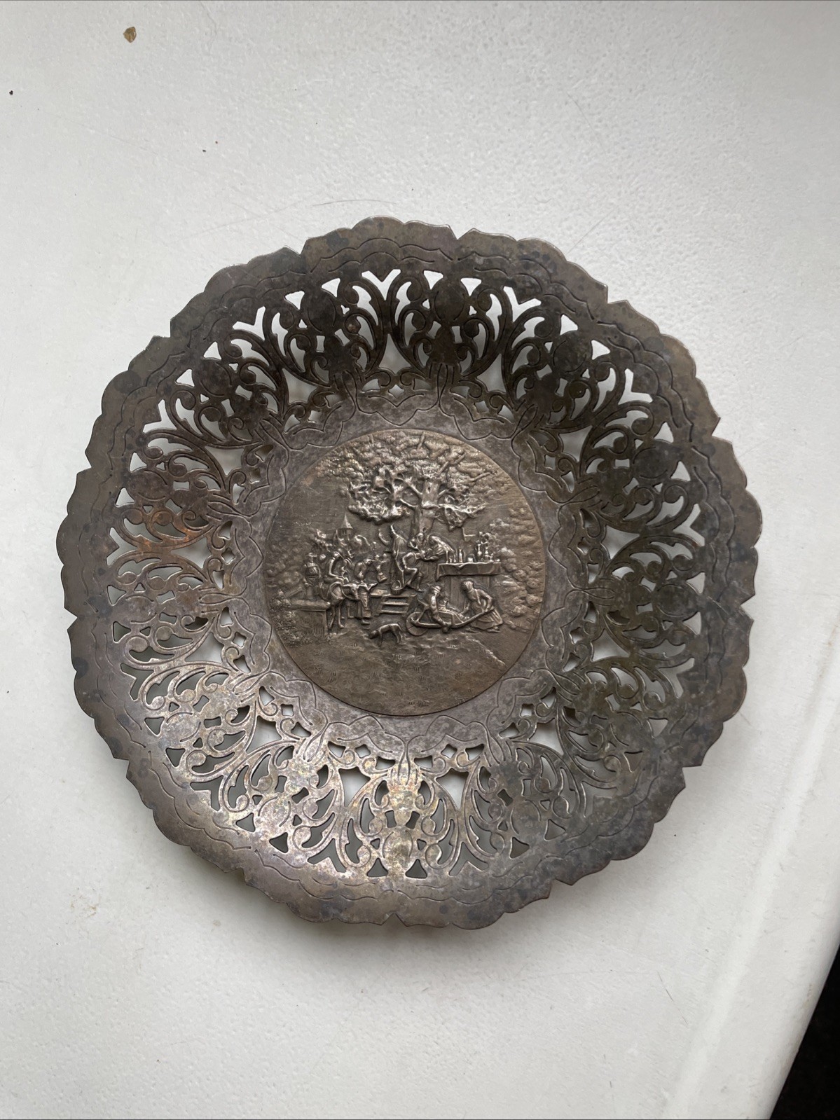 Antique Denmark Pierced Silverplate Dutch Farm Workers Scene Dish 7” Round 1” Hi
