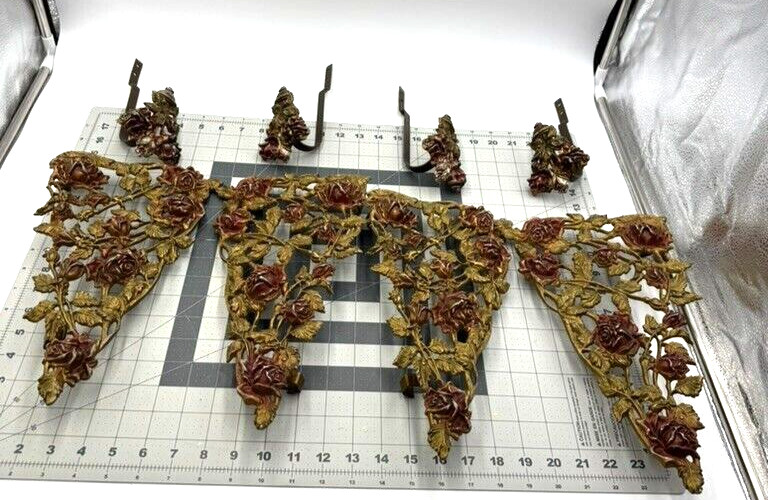 Vintage Ornate Cast Aluminum Drapery Tie Backs Curtain Wall Brackets Rose Flower