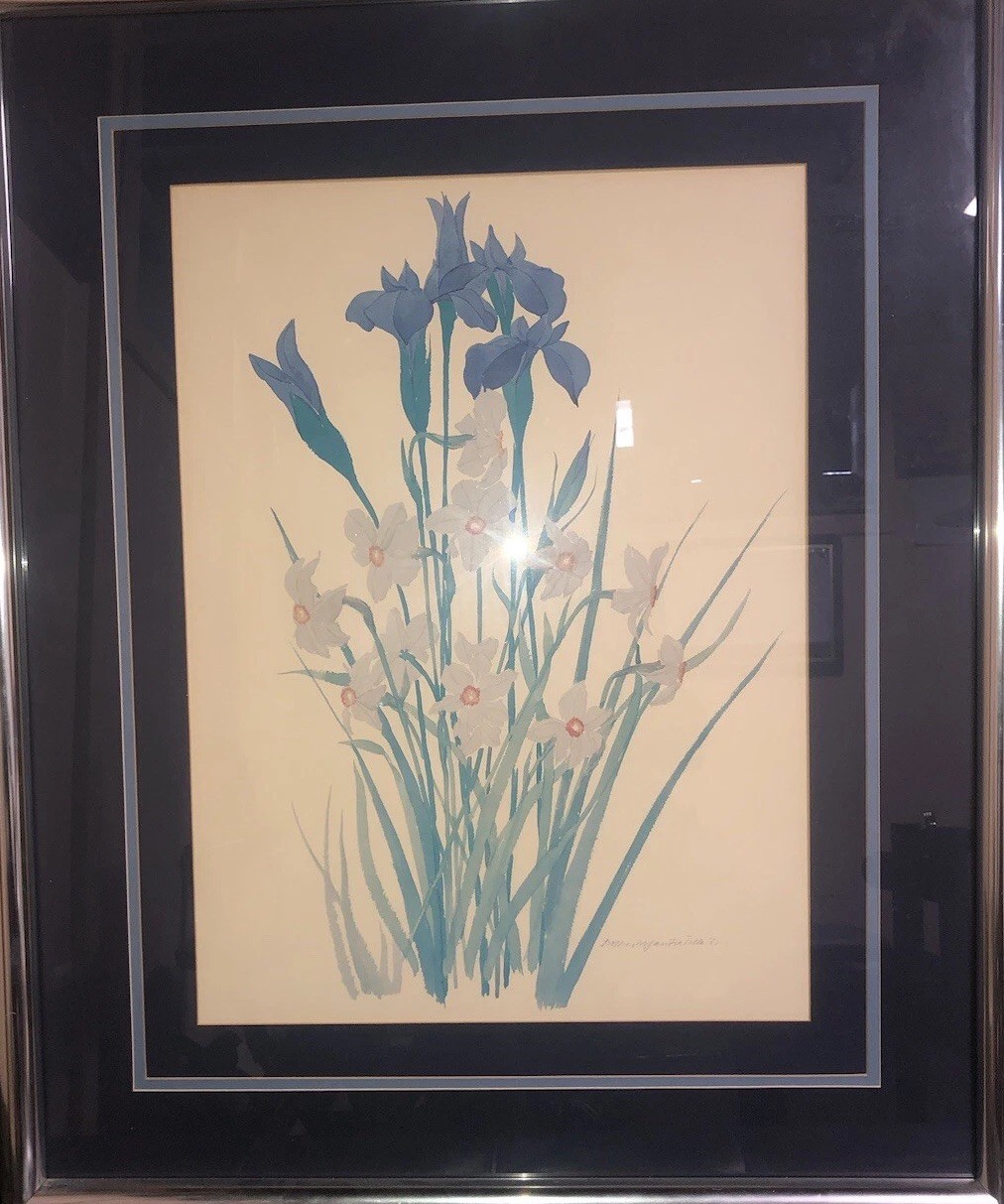Framed Japanese Style “Blue Iris” Painting Signed By Artist 27 1/2in. X 34in.