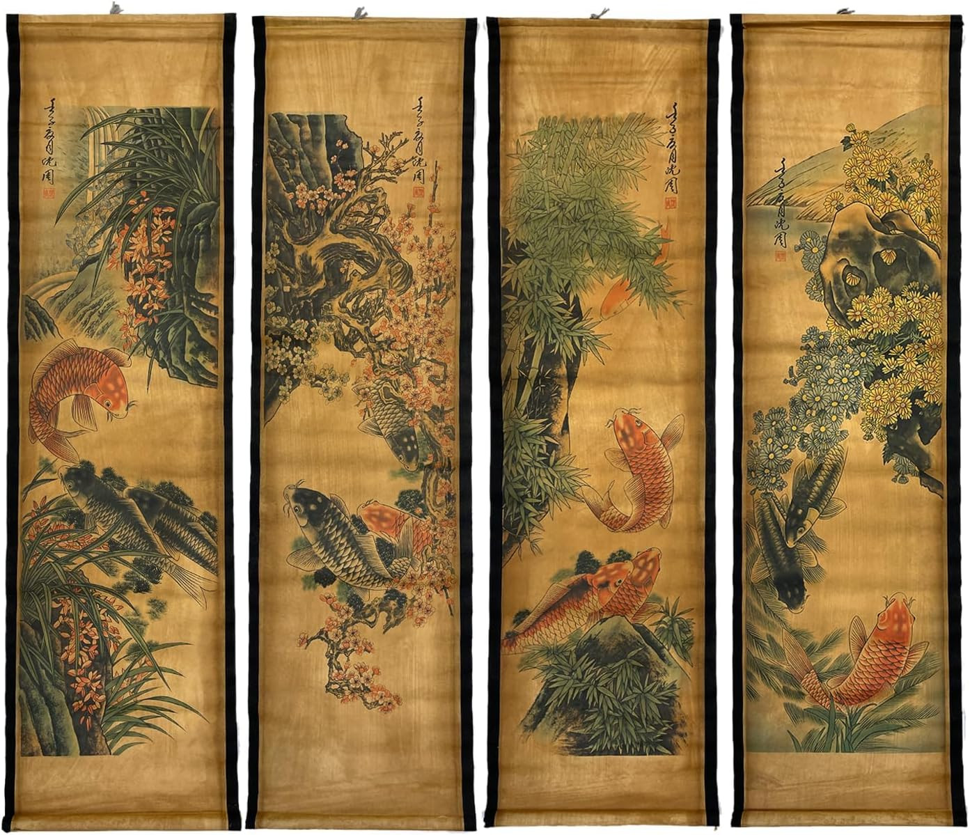 4 Pcs Wall Scroll Painting Japanese Koi Fish Flower Fengshui Art Decor