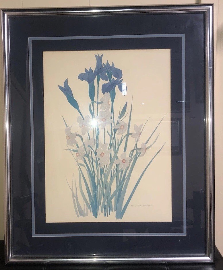 Framed Japanese Style “Blue Iris” Painting Signed By Artist 27 1/2in. X 34in.