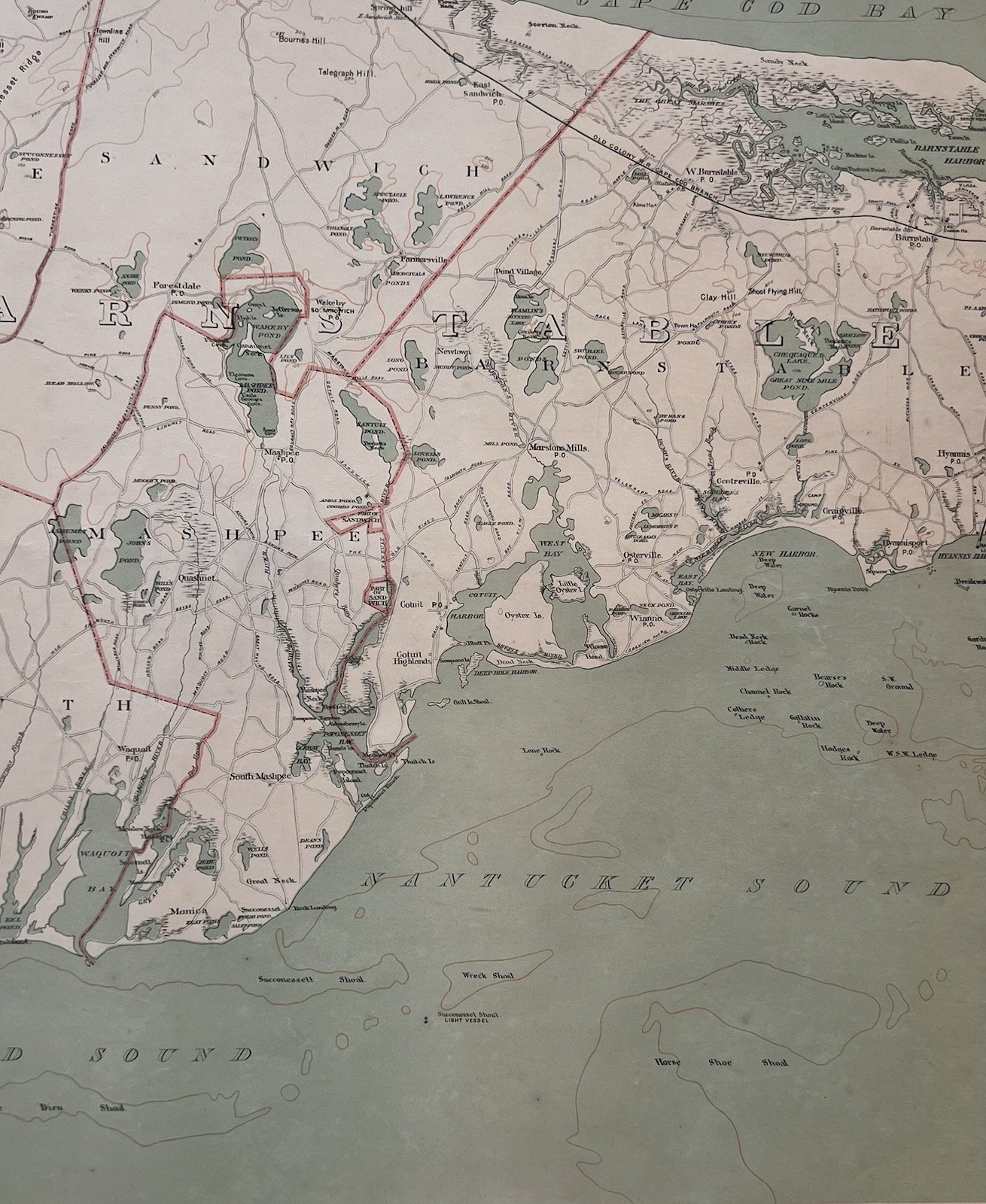 1891 Original Cape Cod Map,Falmouth,Mashpee,Sandwich,Barnstable,Mass,MA,Bay,Old