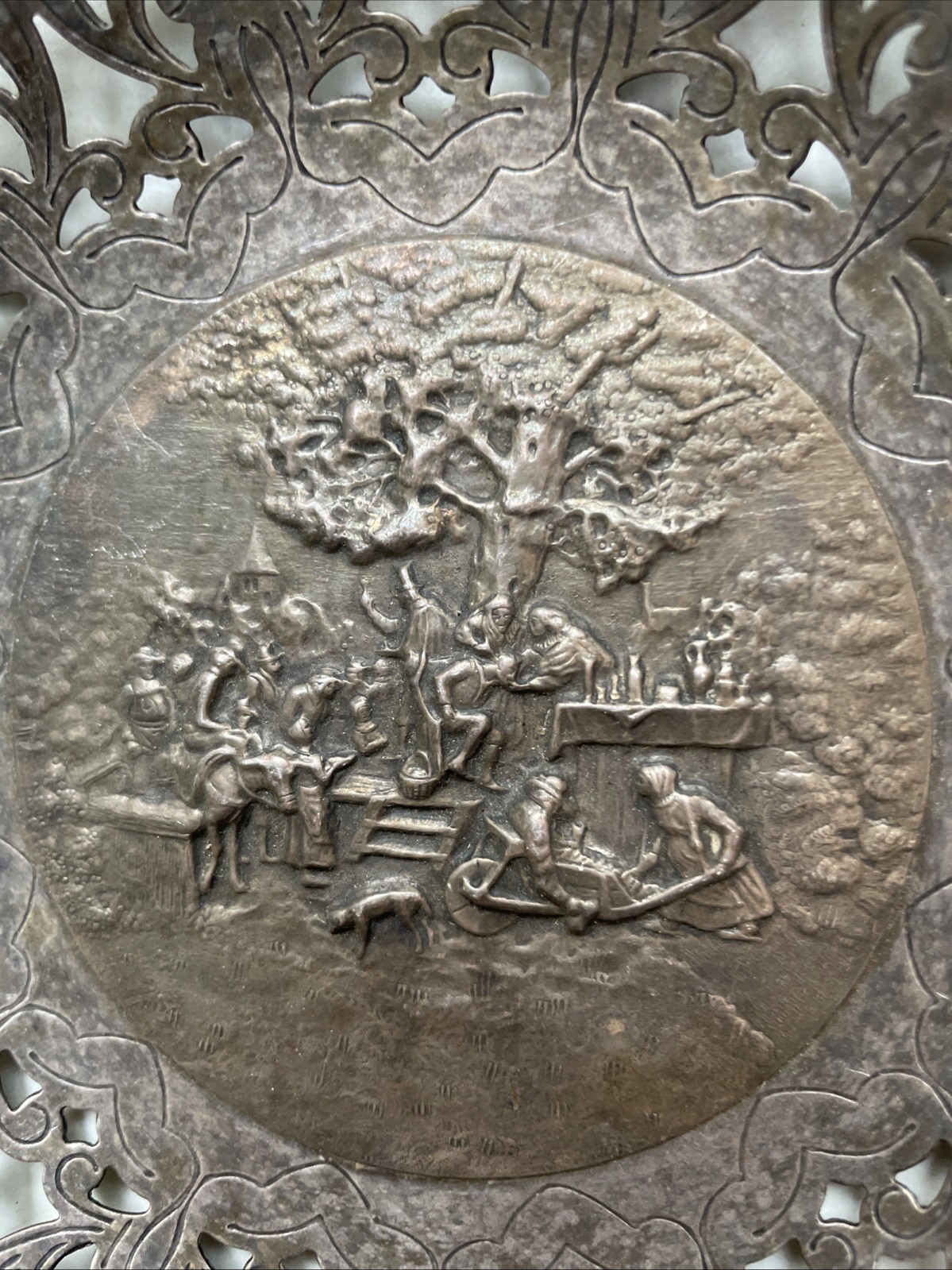 Antique Denmark Pierced Silverplate Dutch Farm Workers Scene Dish 7” Round 1” Hi