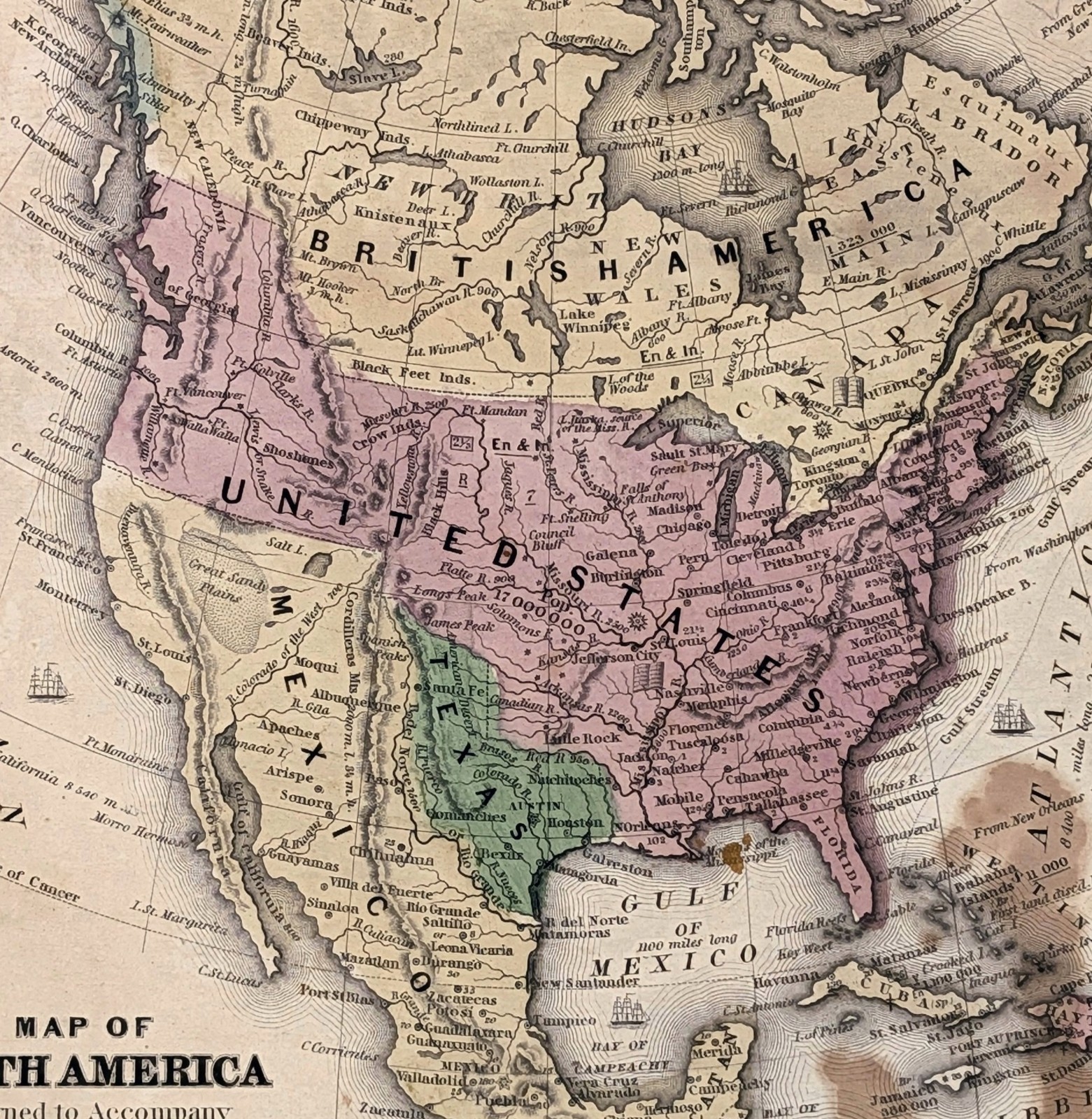 1844 NORTH AMERICA – REPUBLIC OF TEXAS – UNITED STATES Map LARGE OREGON BORDER