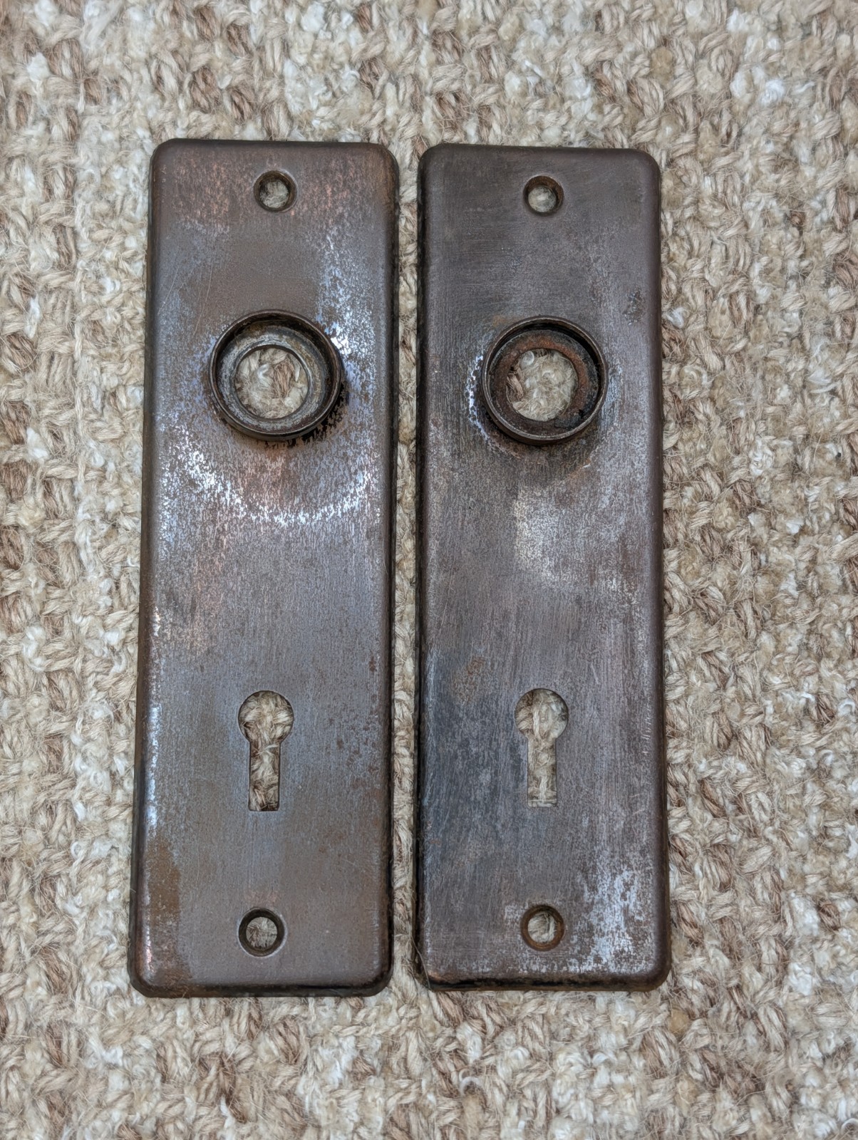 Pair 1 5/8″ x 5 1/2″ Antique Stamped Steel Door Knob Plates
