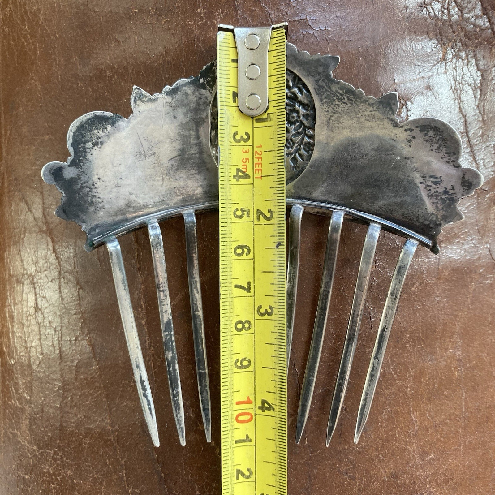 American Early Coin Silver Hair Comb Antique .900 Basket of Flowers Not Sterling