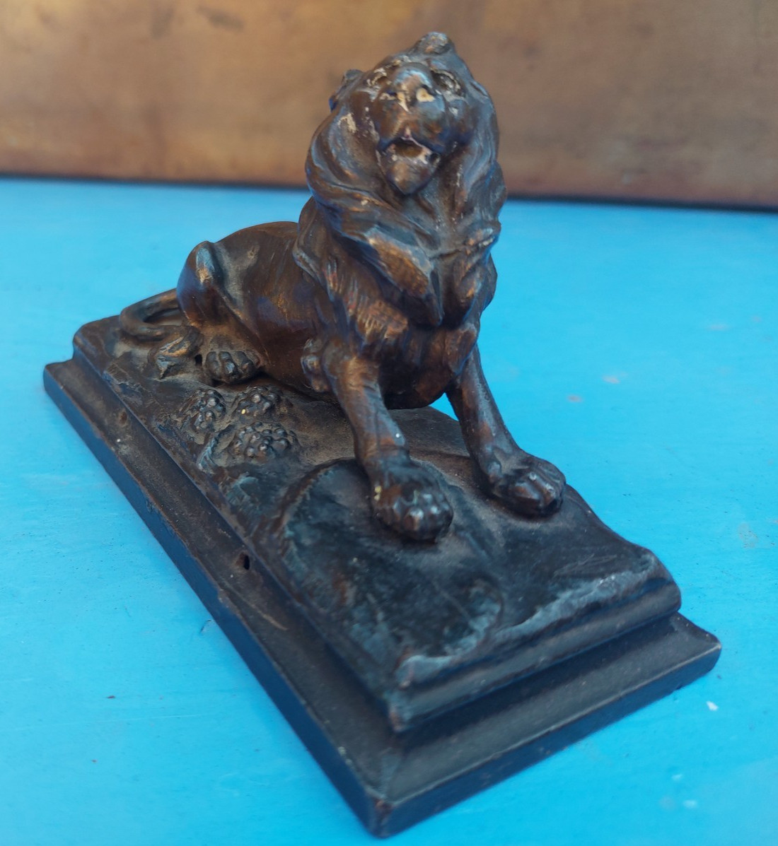 Vintage French cast metal lion on base, desk ornament, spelter