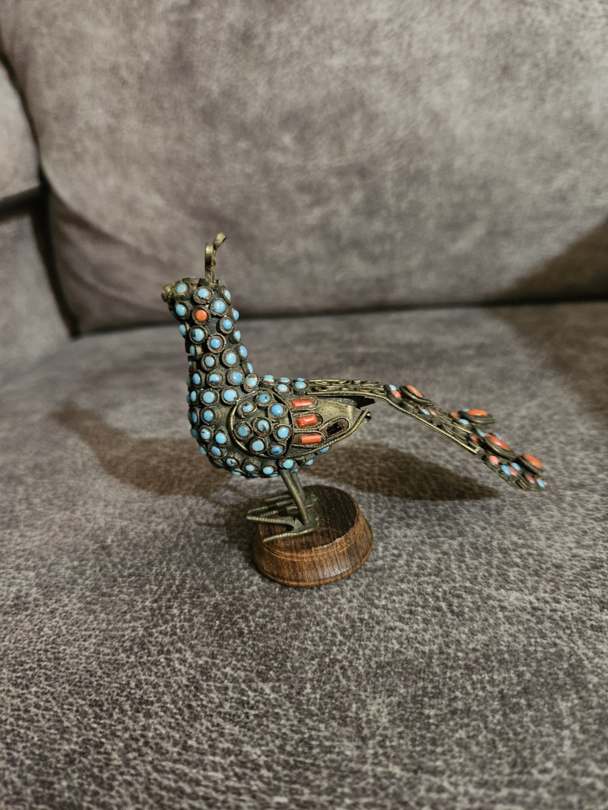 Antique Cloisonne Turquoise & Coral Stone Mosaic Peacock Asian Oriental