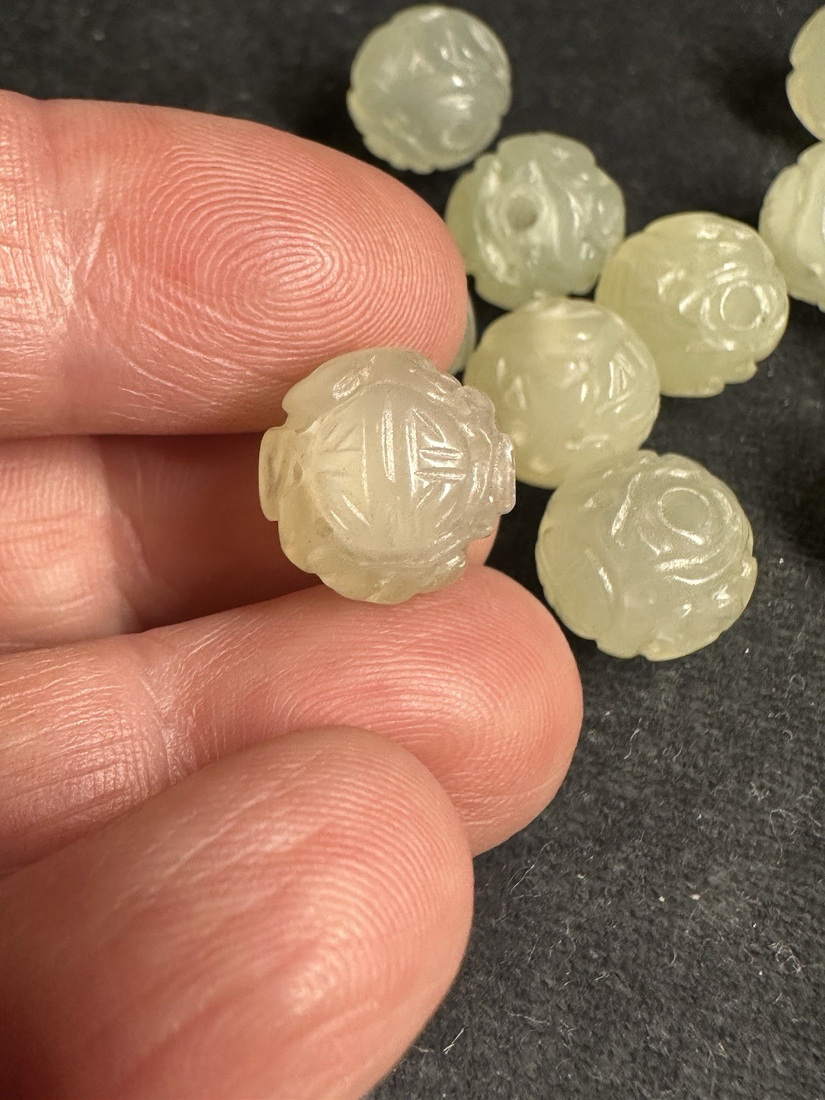 Vintage Carved Chinese Bead Celadon Green Serpentine Jade Round Shou 12mm