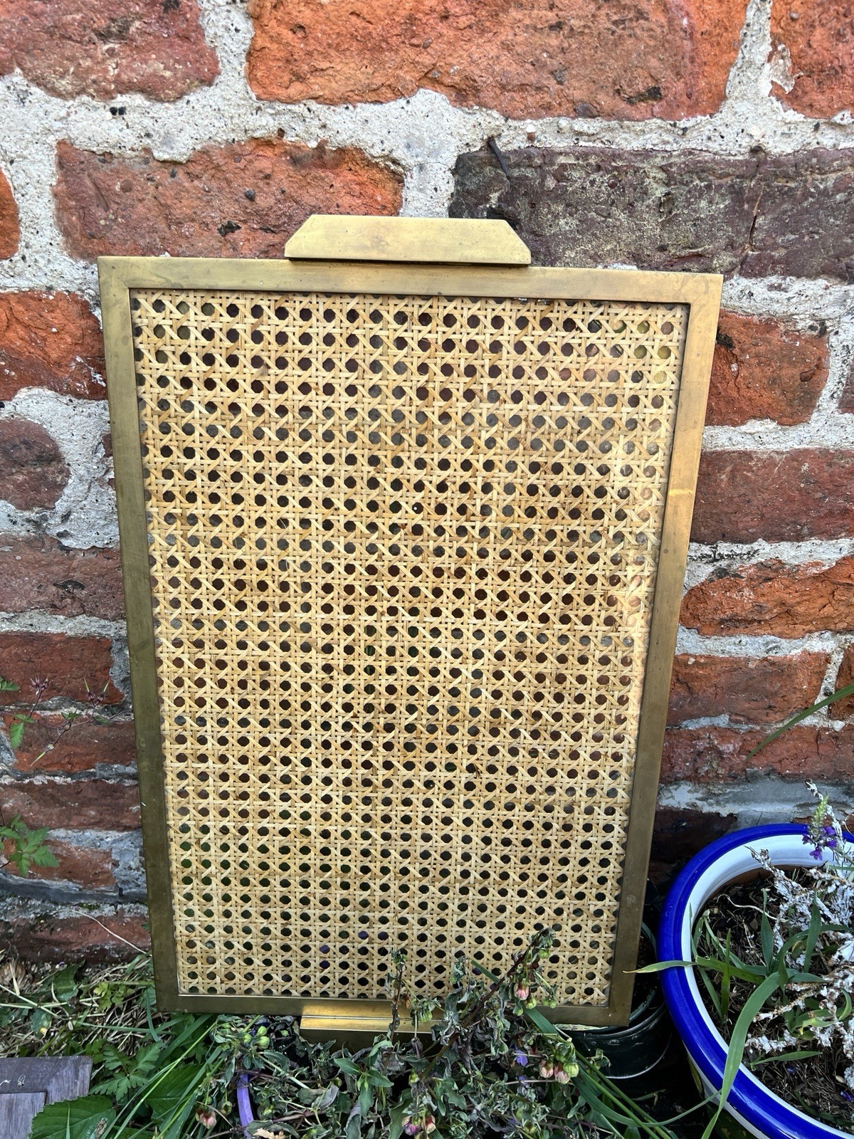 Vintage Mid Century Brass Lucite Rattan serving tray Montagnani Italy 1970s Old
