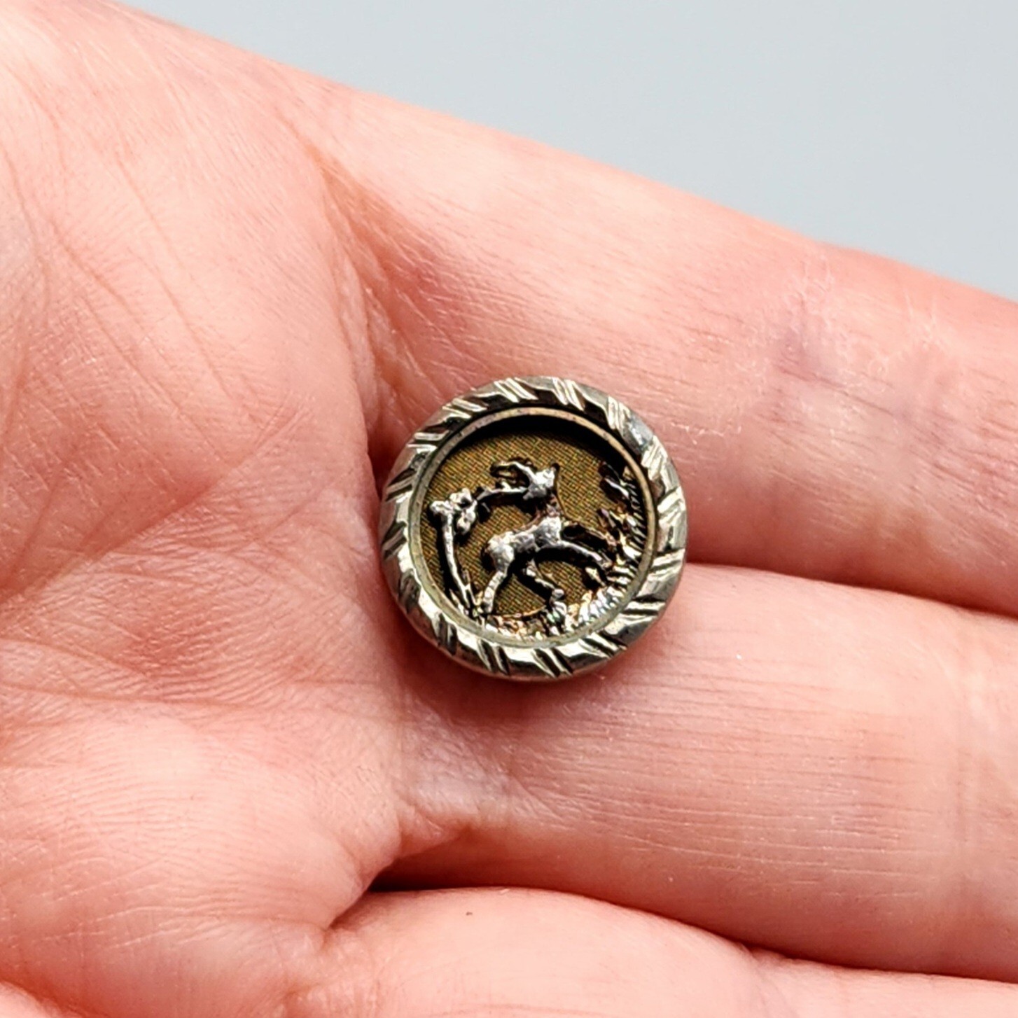 Antique Victorian Ornate Golden Brass Stag Picture Button 1/2″