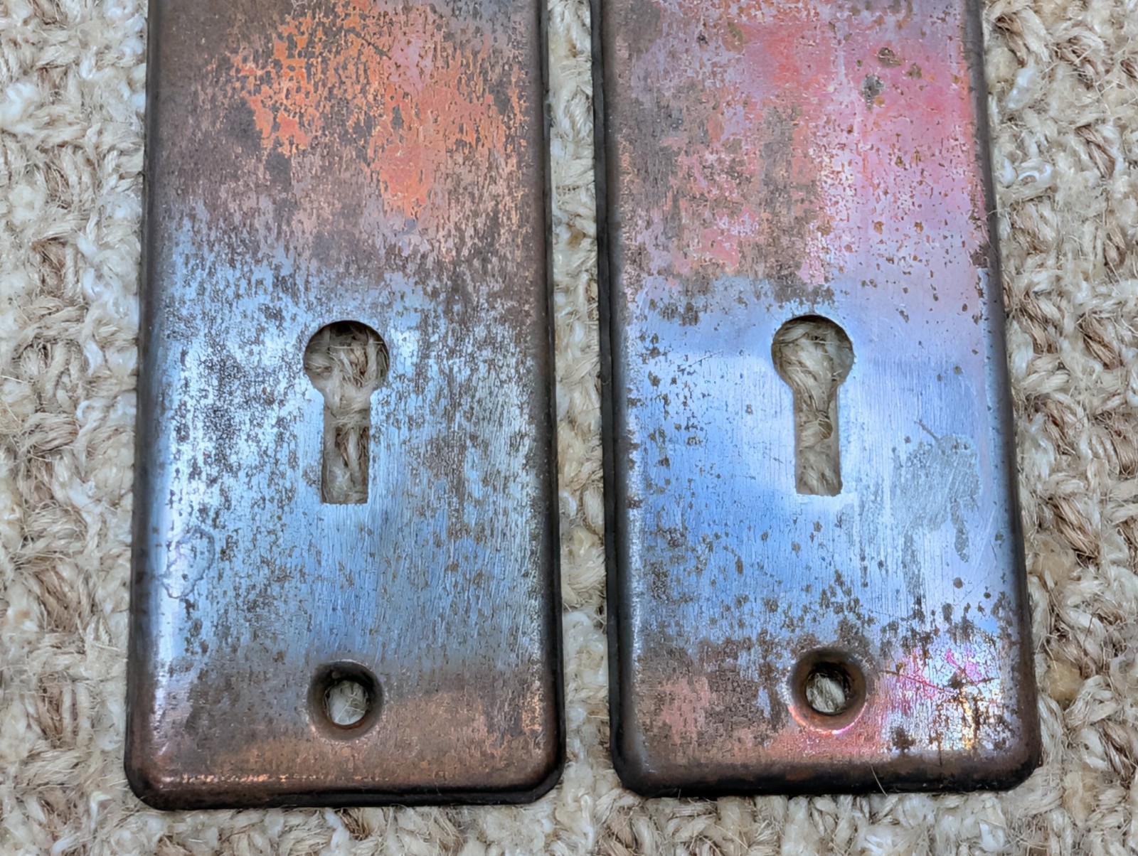 Pair 1 5/8″ x 5 1/2″ Antique Stamped Steel Door Knob Plates