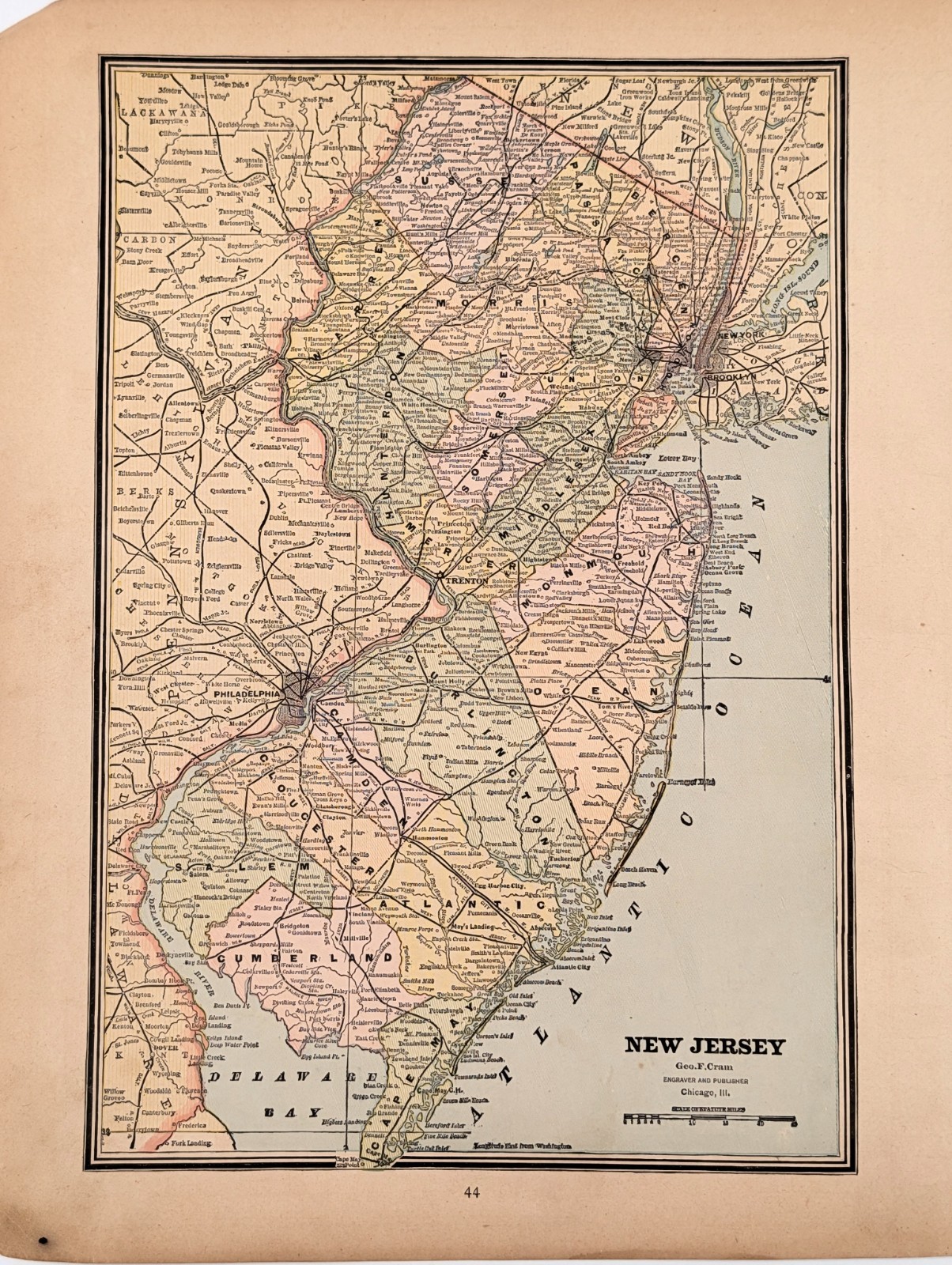 1888 NEW JERSEY Map ORIGINAL ANTIQUE 12×8 – Railroads Townships Counties