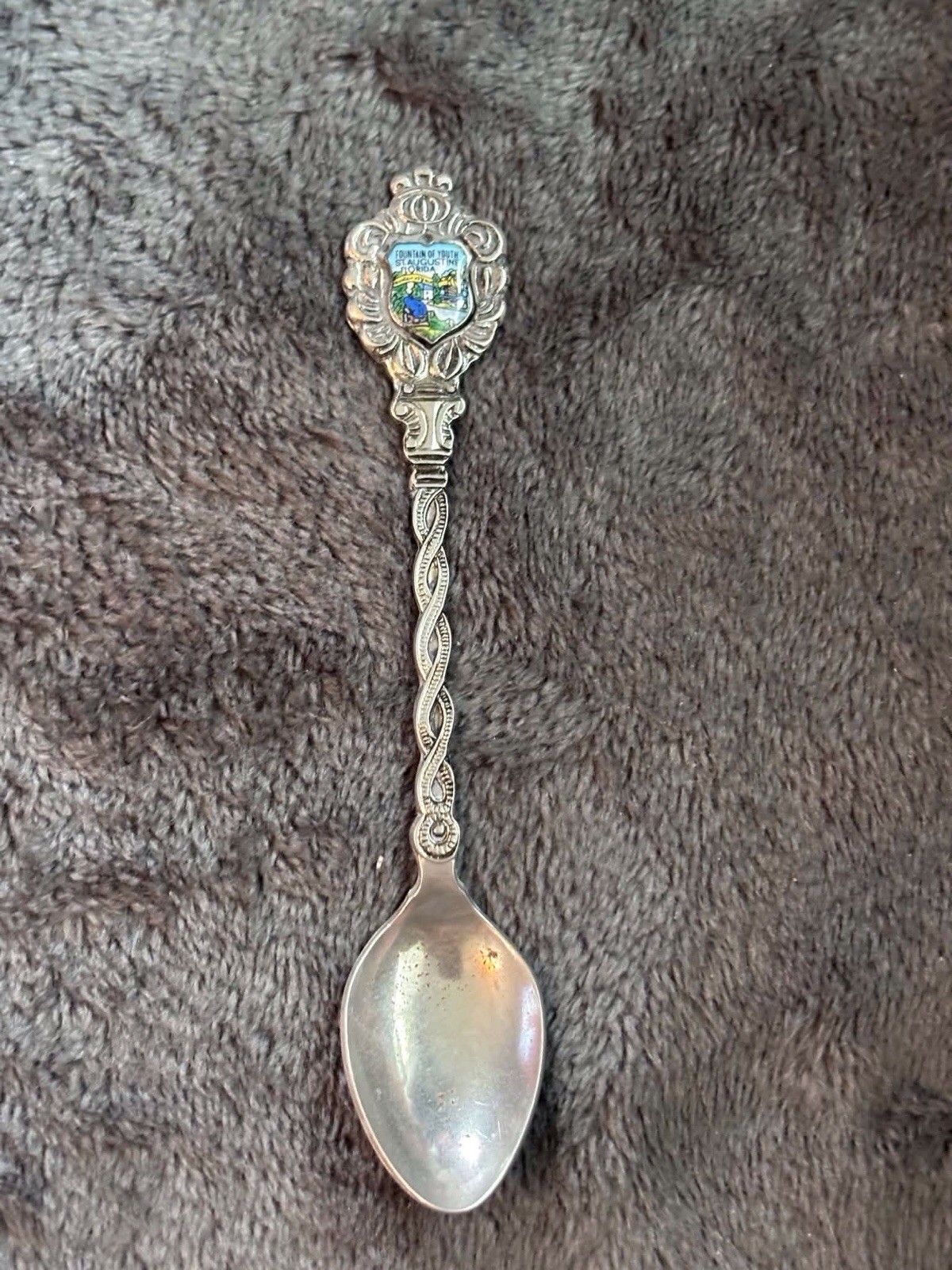 Vintage St Augustine FL Fountain of Youth Enamel Souvenir Spoon Twisted Florida
