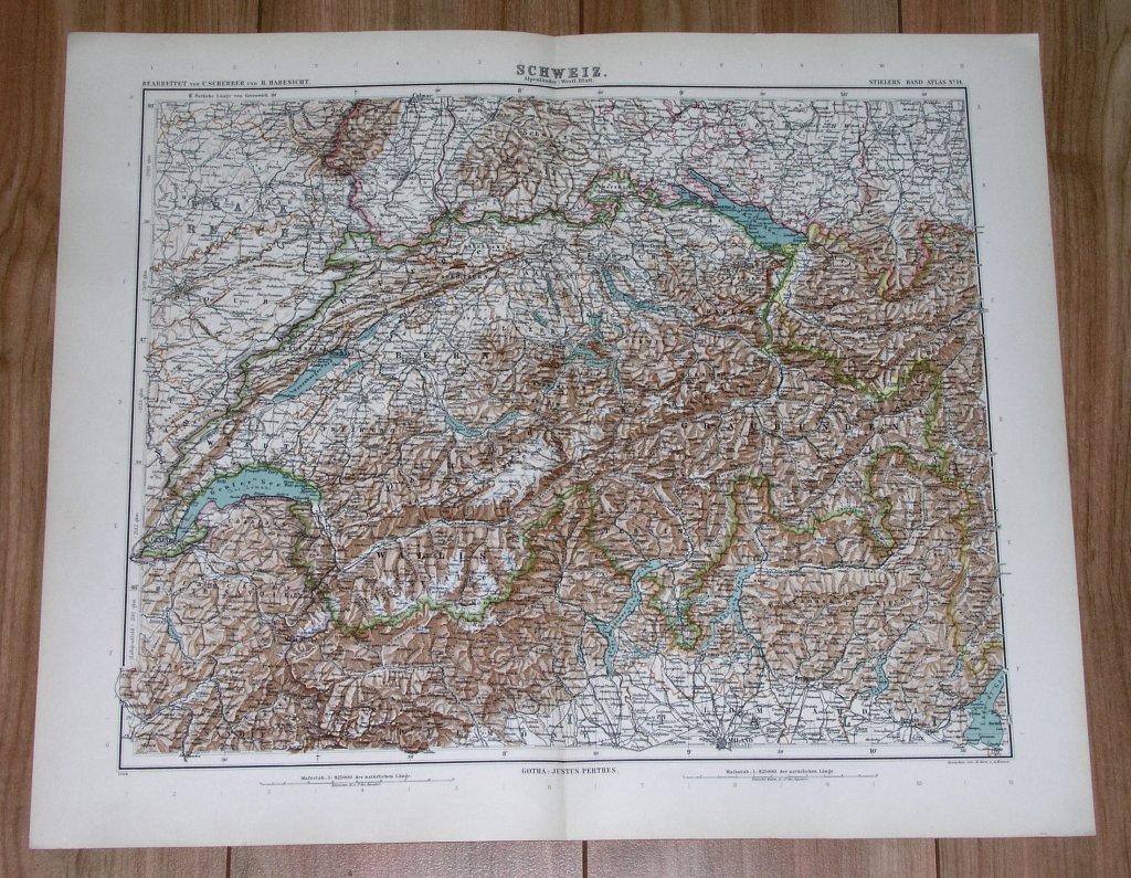 1908 ORIGINAL ANTIQUE MAP OF SWITZERLAND / ALPS MOUNTAINS