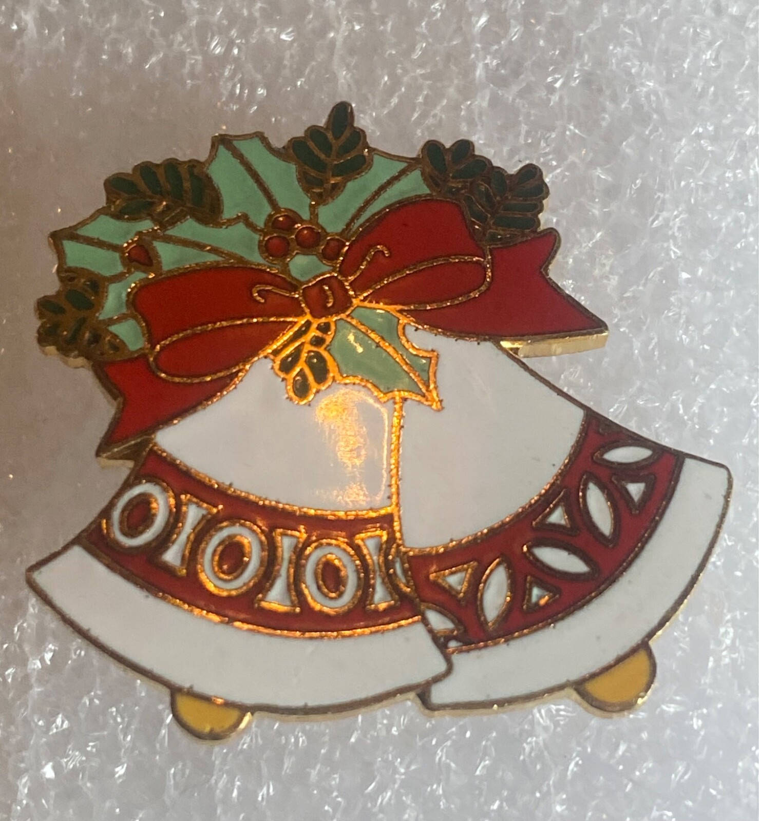 VTG AGC Christmas Bells With Bow Enamel Brooch Pin Red White Gold Tone Signed