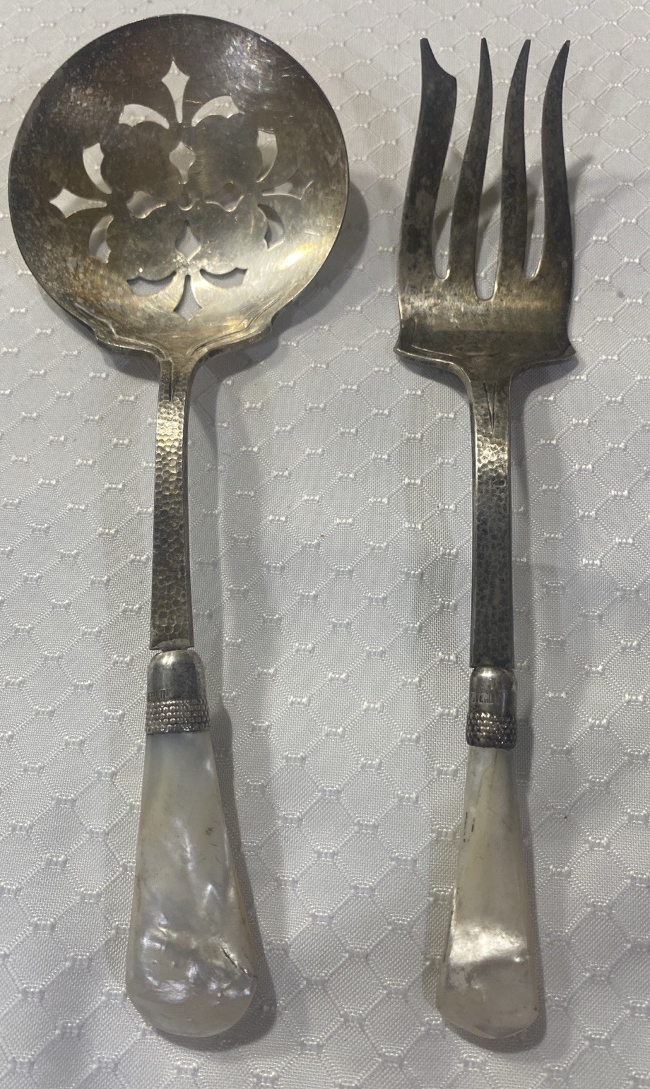Set of 2 Antique Silverplate Serving Pcs With MOP Handles & Sterling Shanks