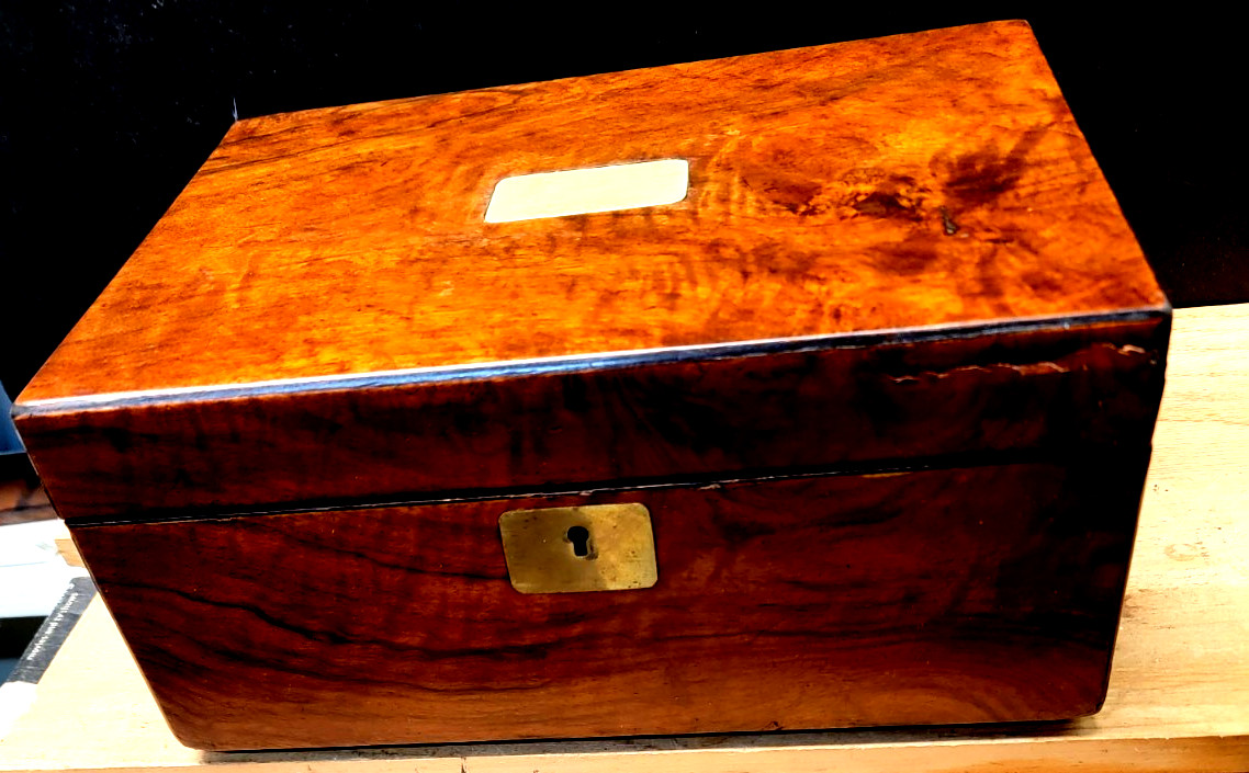 ANTIQUE LAP/FIELD DESK- FINE MAHOGANY & ROSEWOOD- CIRCA 1840-60-AS ORIGINAL