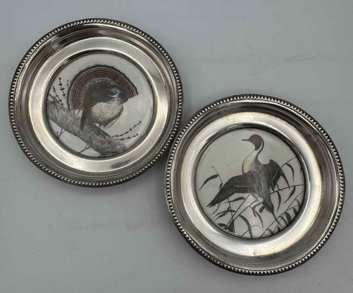 Sterling Silver Set of (2) Coasters Frank M Whiting Ruffed Grouse & Pintail