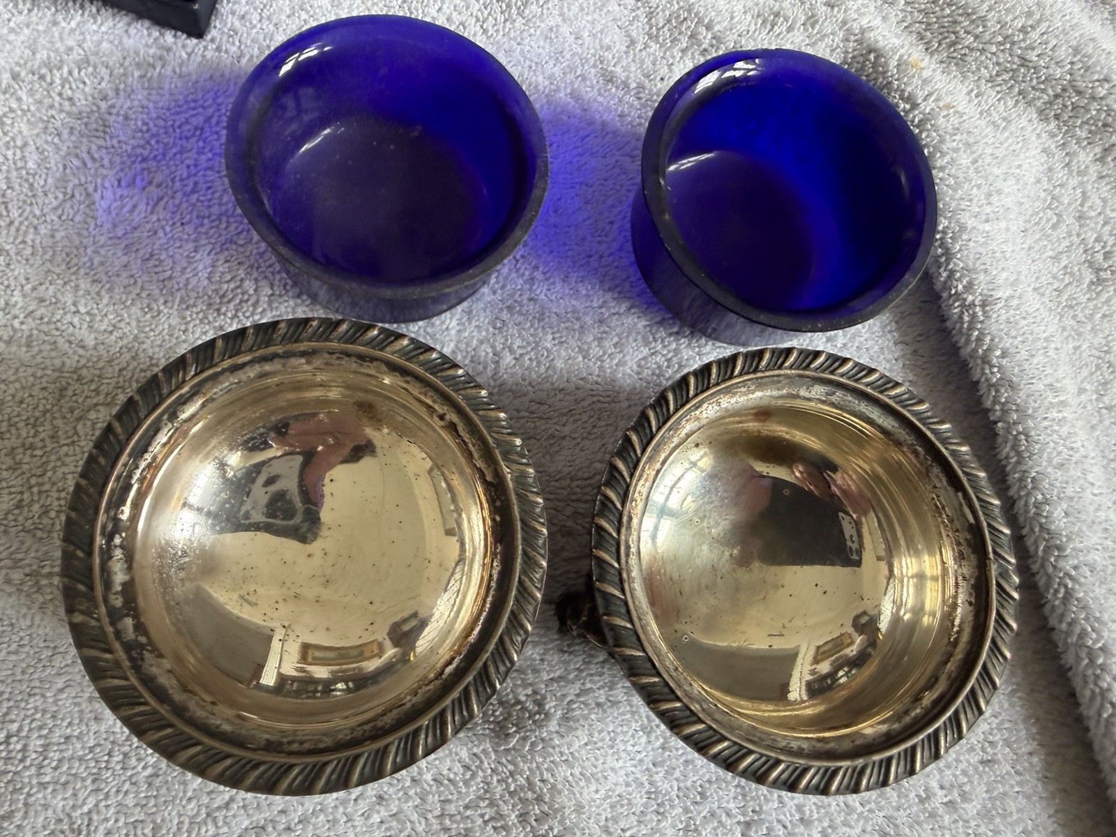 Antique Silverplate Lion Paw Footed Bowls with Cobalt Glass Inserts, 1850-1899