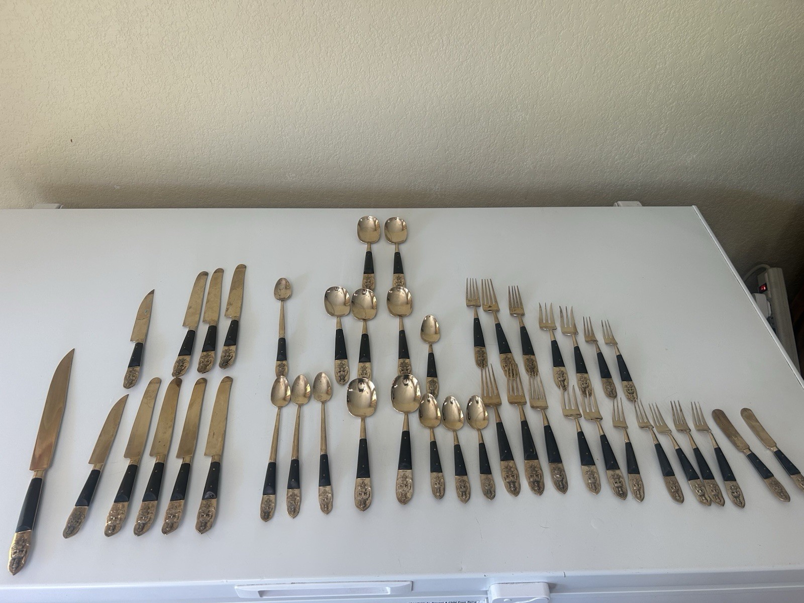 44 Piece Siam Thailand Bronze Nickle Flatwear Wood Spoons Forks Knifes