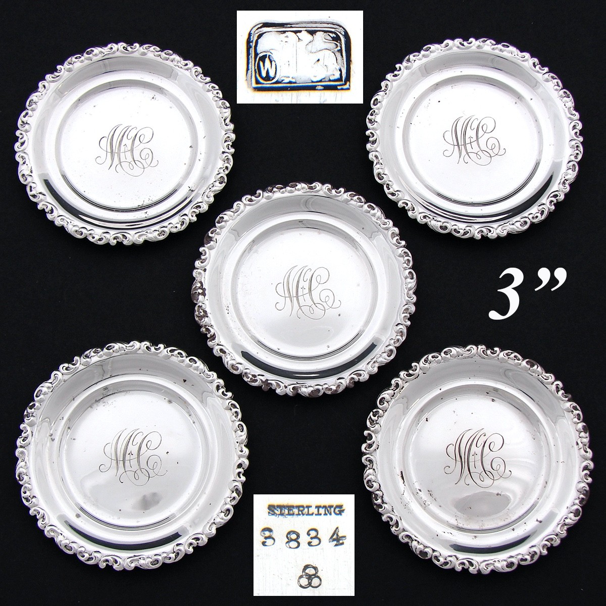 Set of 5 Antique Whiting Mfg Co Sterling Silver 3″ Coaster or Butter Pat Dishes