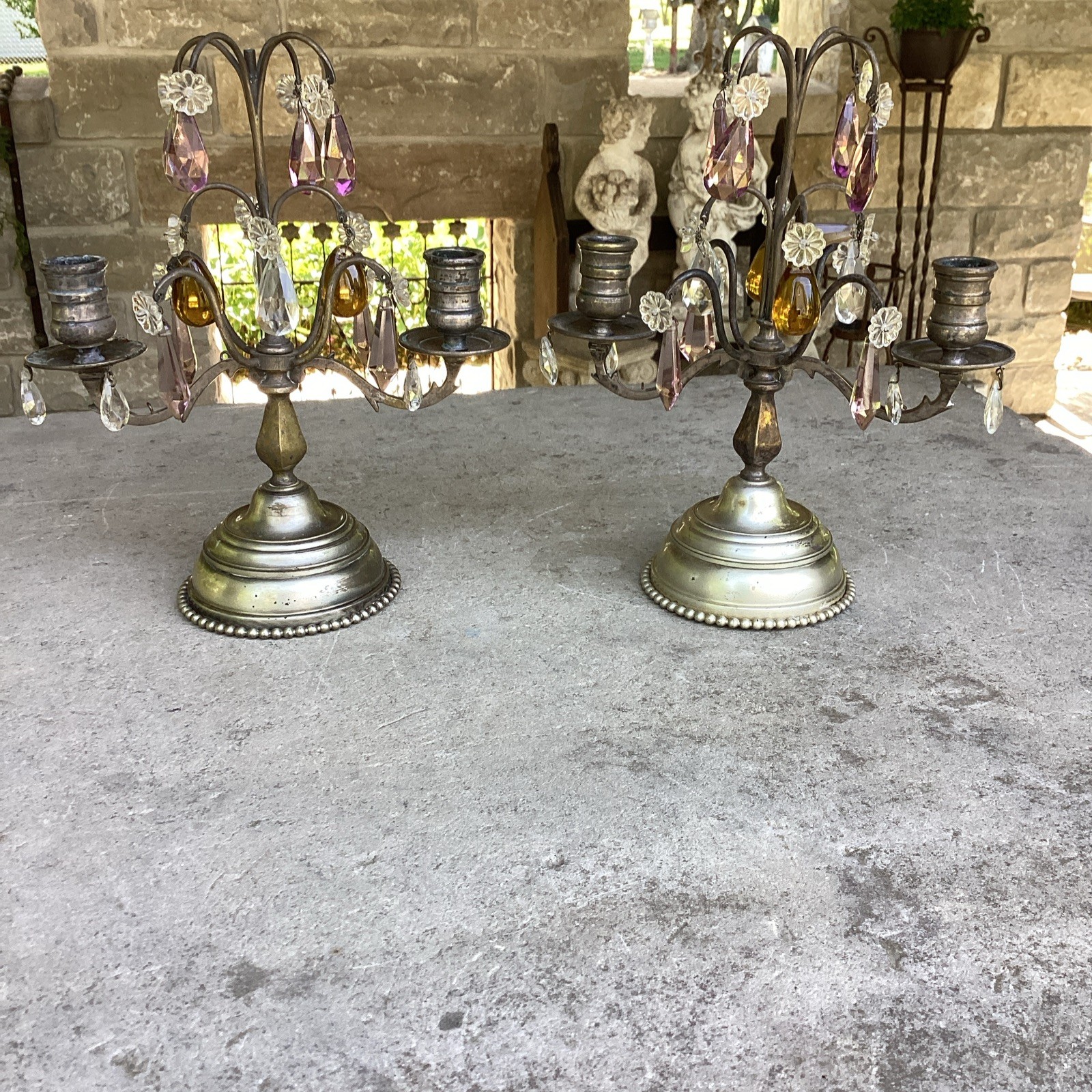 ANTIQUE PAIR FRENCH CRYSTAL CANDELABRAS SIGNED PETITE AMBER VIOLET FLORETS