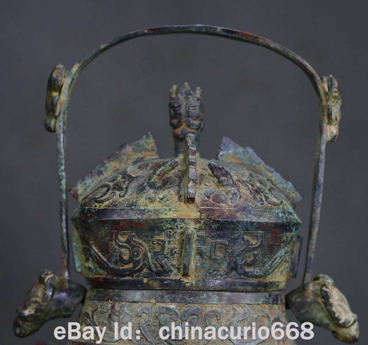 12″ Old China Bronze Ware Portable Sheep Head Ear Beast Face Drinking Vessel
