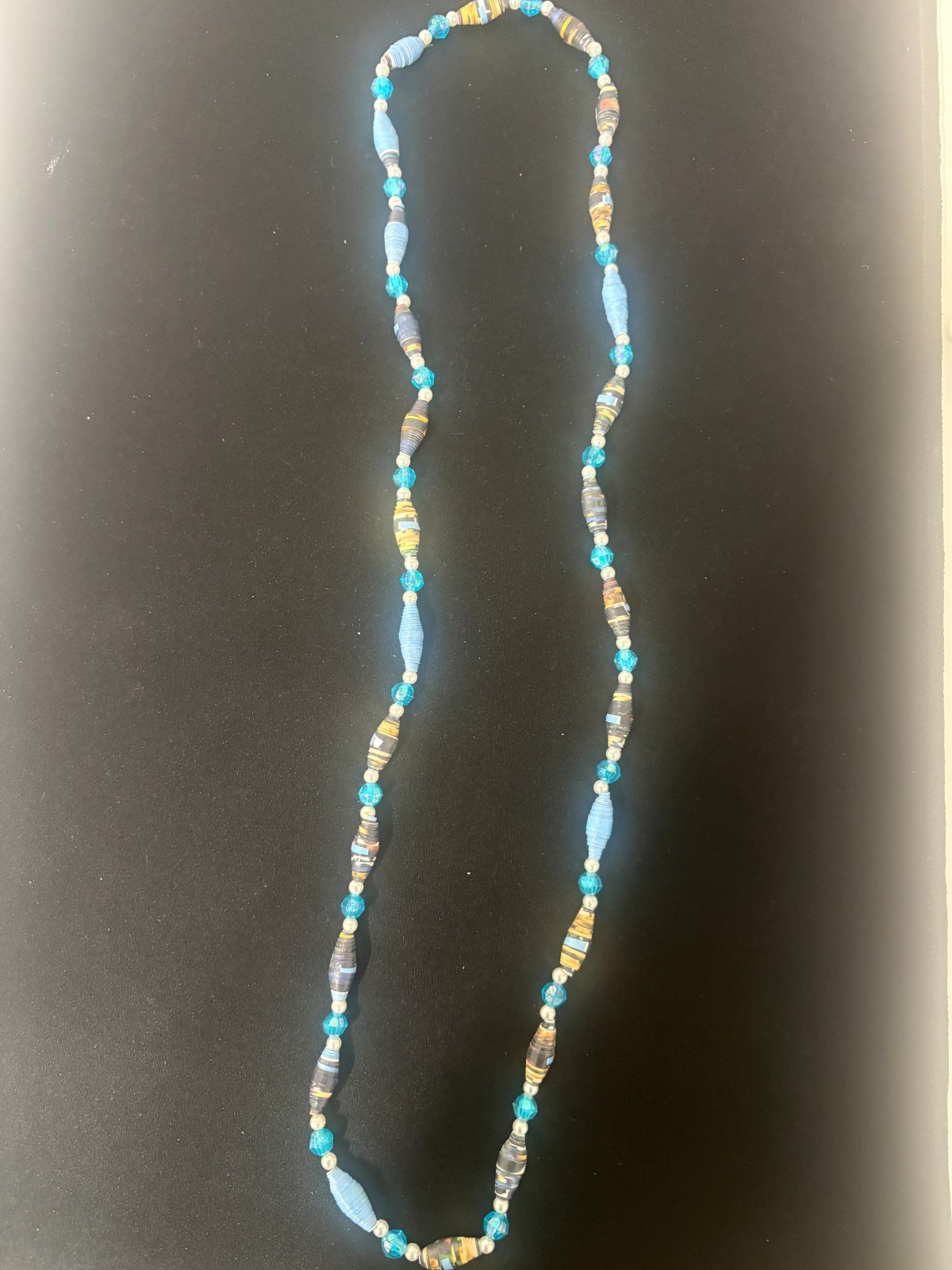 Paper Bead Long Rope Necklace Blue Teal Multicolor Artisan Fair Boho Eco Jewelry