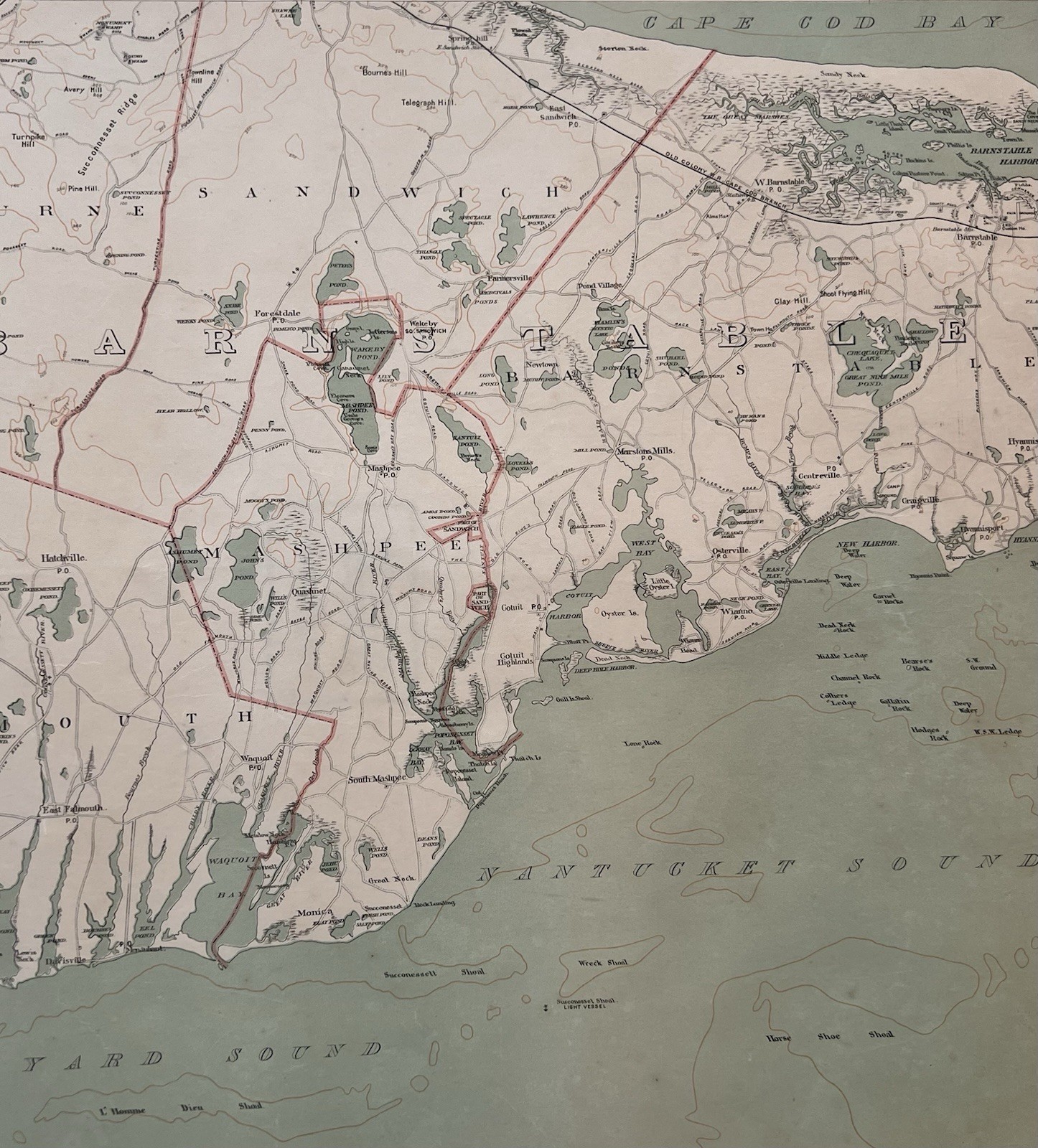 1891 Original Cape Cod Map,Falmouth,Mashpee,Sandwich,Barnstable,Mass,MA,Bay,Old