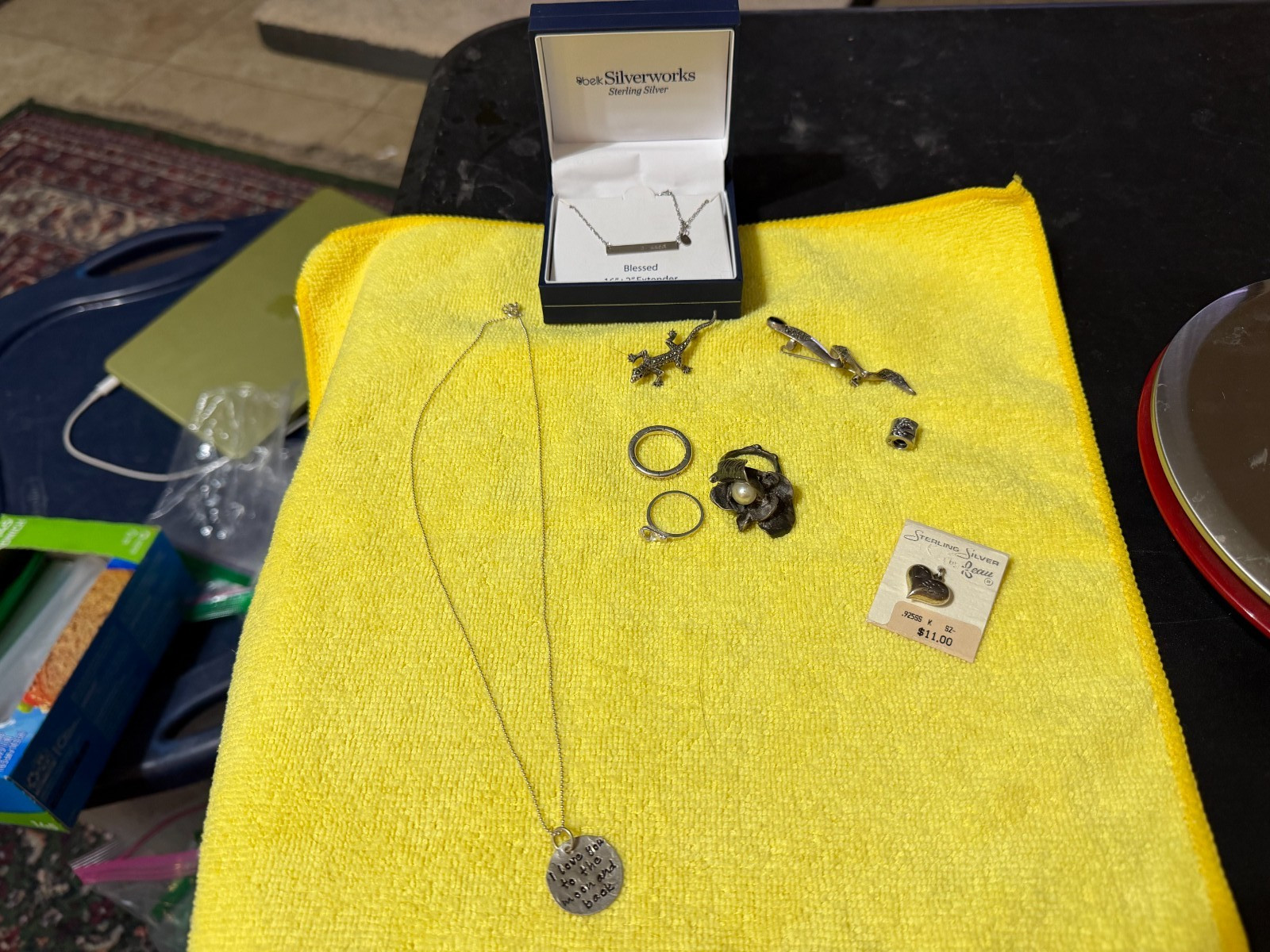 Sterling Silver Lot 3 Rings, 2 Necklaces, & 4 Pendant Charms Approx 36g w/ship