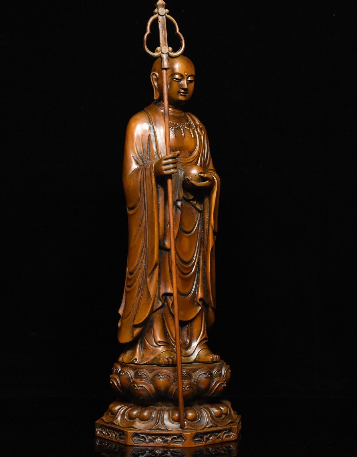 Chinese Buddhism Boxwood Wood Carve Stand Ksitigarbha Boddhisattva Buddha Statue
