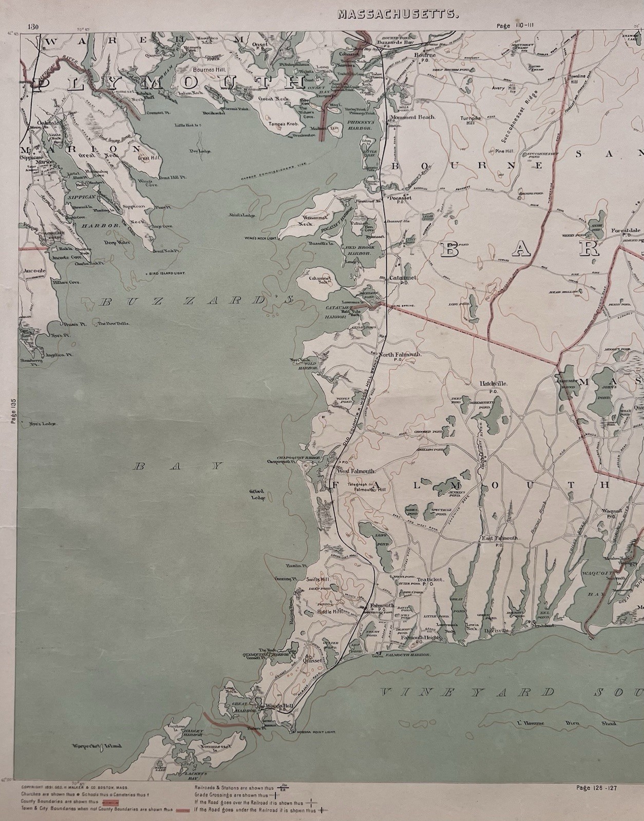 1891 Original Cape Cod Map,Falmouth,Mashpee,Sandwich,Barnstable,Mass,MA,Bay,Old