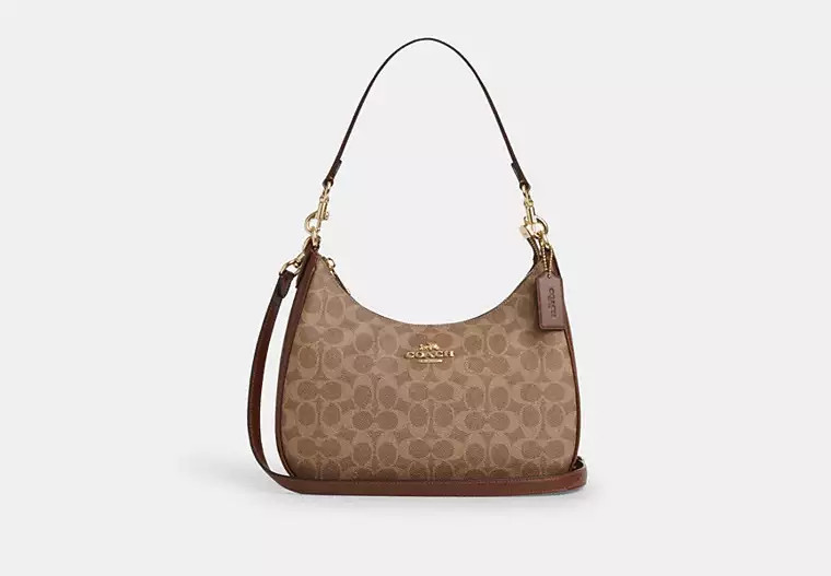 COACH CV940 Teri Hobo Signature Canvas 2Way Shoulder Bag Tan/Brown NEW #ZJ
