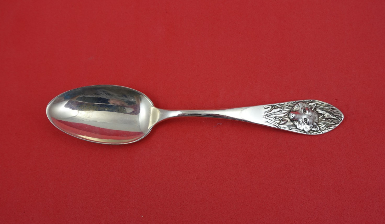 Pattern Unknown By Shiebler Sterling Silver Junior Spoon with wolf 6″