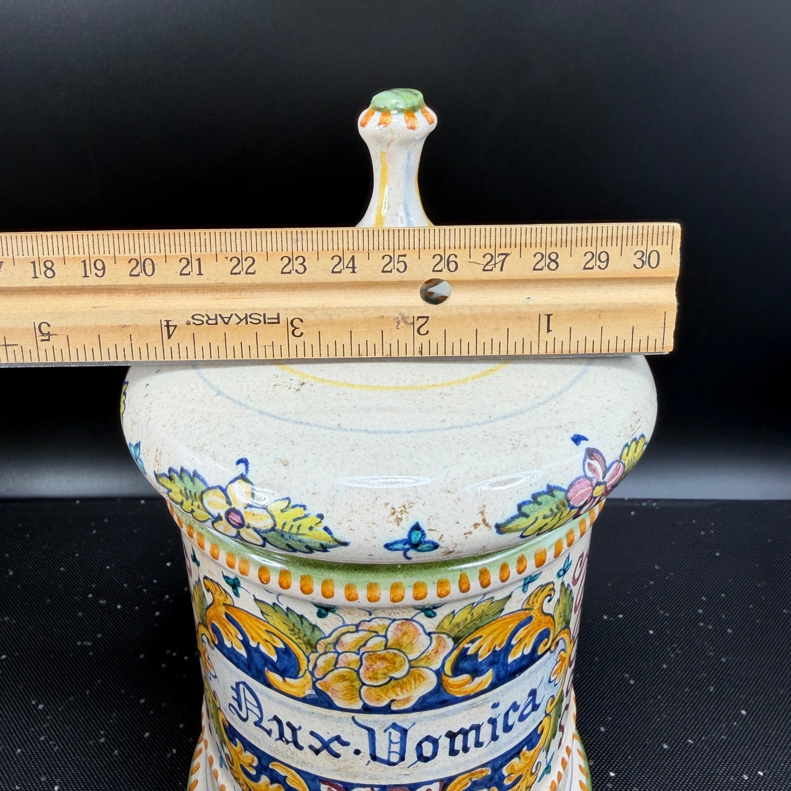 Vintage Italian Ceramic Apothecary Jar Nux Vomica Hand Painted PV Italy 8 Inch