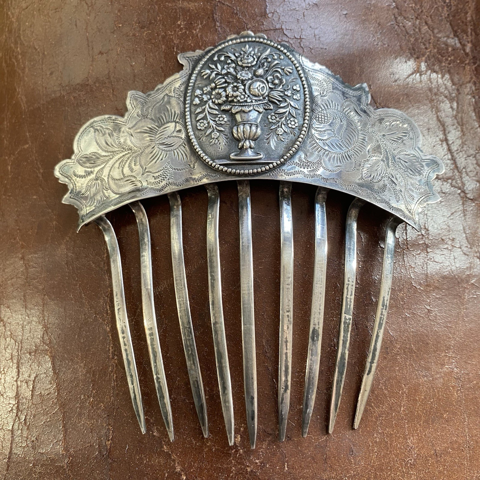 American Early Coin Silver Hair Comb Antique .900 Basket of Flowers Not Sterling